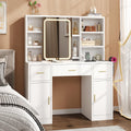 knoworld Vanity Desk with Sliding Mirror & LED Lights, Smart Makeup Table with Charging Station, Hairdryer Holder, 7 Shelves, 3 Drawers, 2 Cabinets, Vanity with Extra Hidden Stroage for Bedroom,White