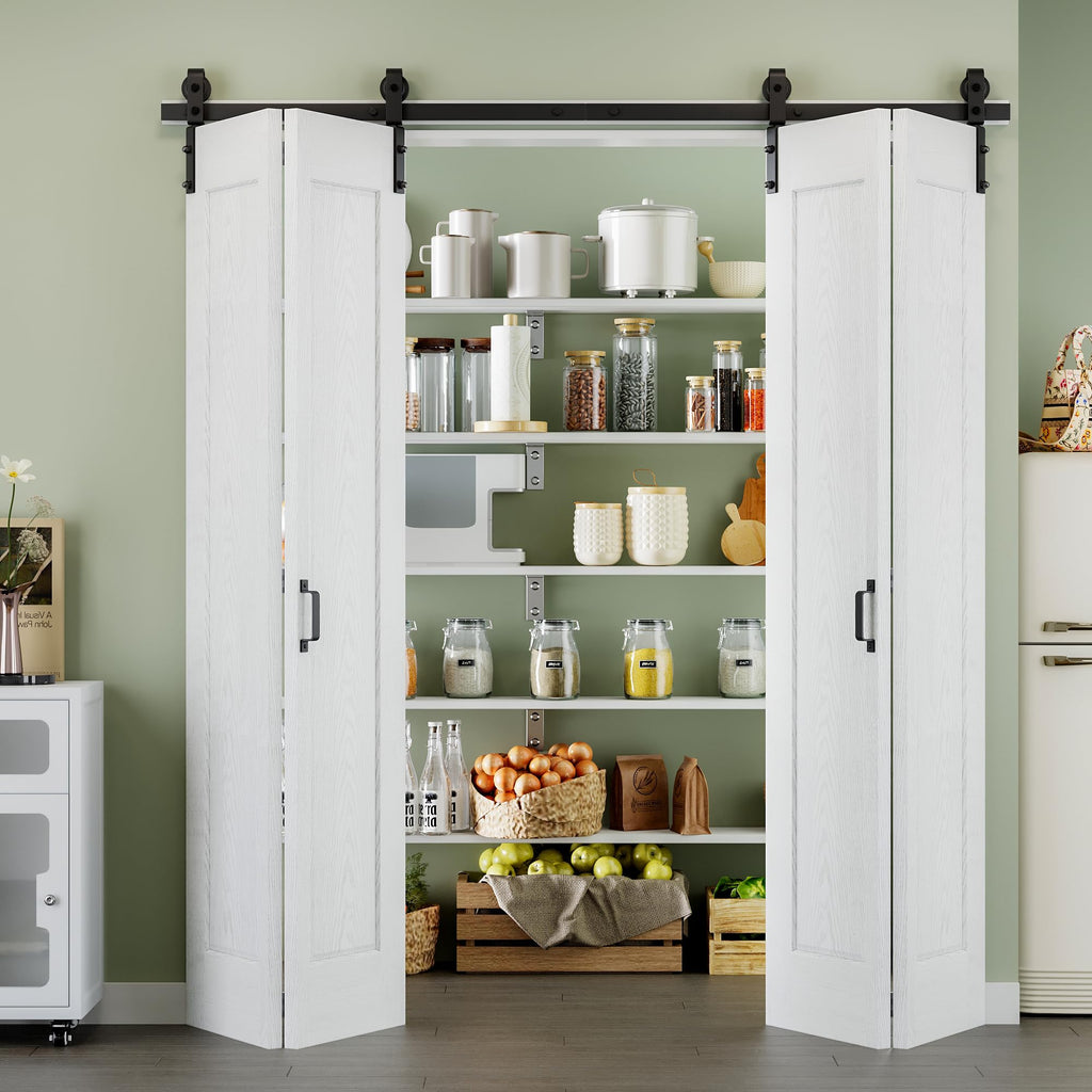 64" x 84" 1 Panel Bifold Barn Door, 72" Track Kit for 4 Closet Doors, Pre-Assembled Panel Bi-fold Barn Door for Pantry, Primed White Finish with Water-Resistant and Scratch-Resistant, Paintable