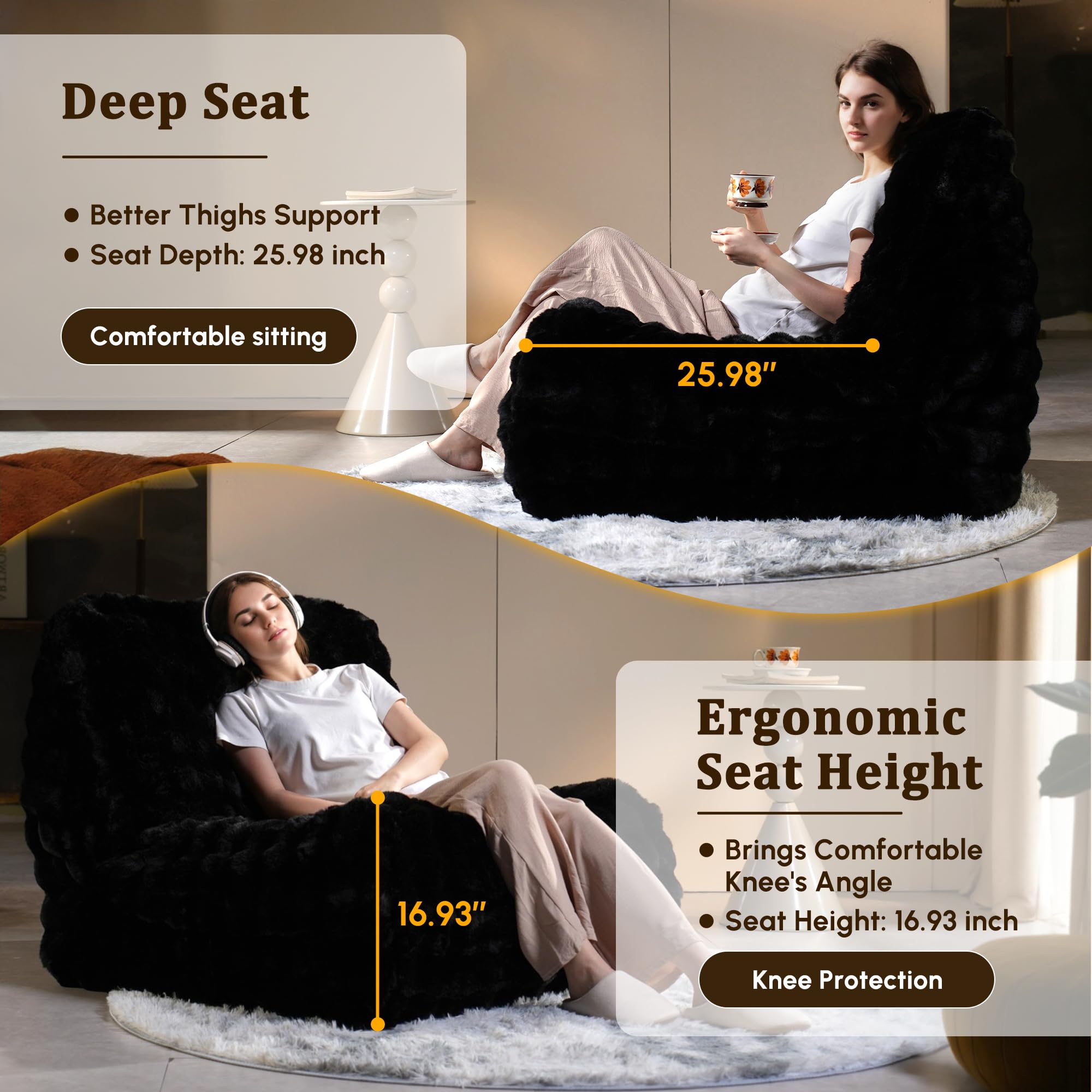 Bean Bag Chair Togo Sofa - Lazy Floor Sofa Couch for Adults,Faux Fur Fireside Chair Menmory Foam Bean Bags Lounger,Beanbag Corner Sofa for Bedroom,Living Room,Lounge,Salon (Black)