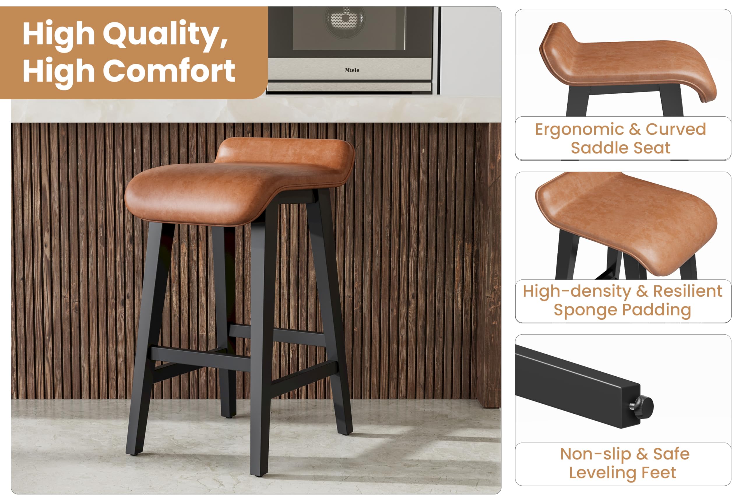 GarveeHome 26.2" Bar Stools Set of 4, Modern Upholstered Kitchen Stools with Low Back and Footrest, Counter Height Bar Stools with Wood Legs, for Kitchen Counter, Dining Room, Brown