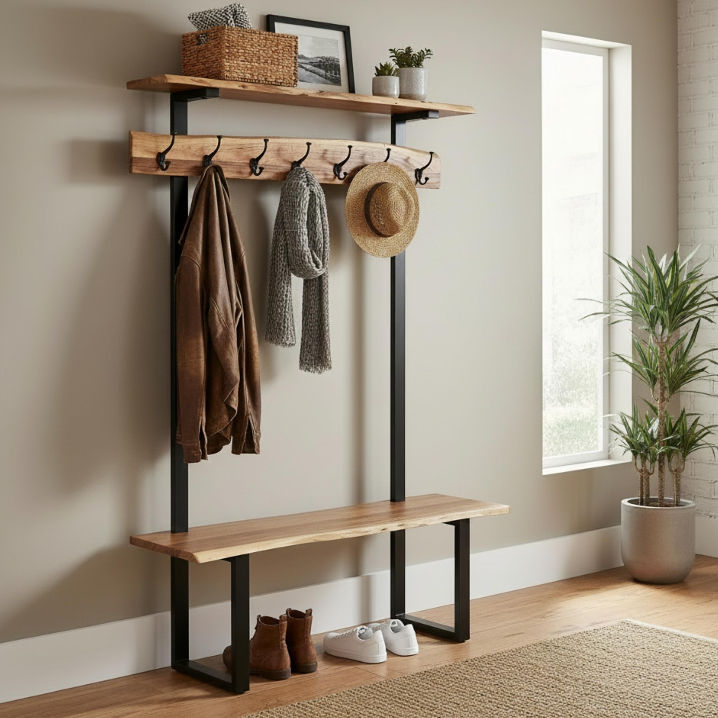 Alpine Live Edge Hall Tree with Bench and Coat Rack – Modern Rustic 48-Inch Solid Wood Entryway Organizer with Shelf, 7 Double Coat Hooks, & Bench for Mudroom or Foyer by Alaterre Furniture (Natural)