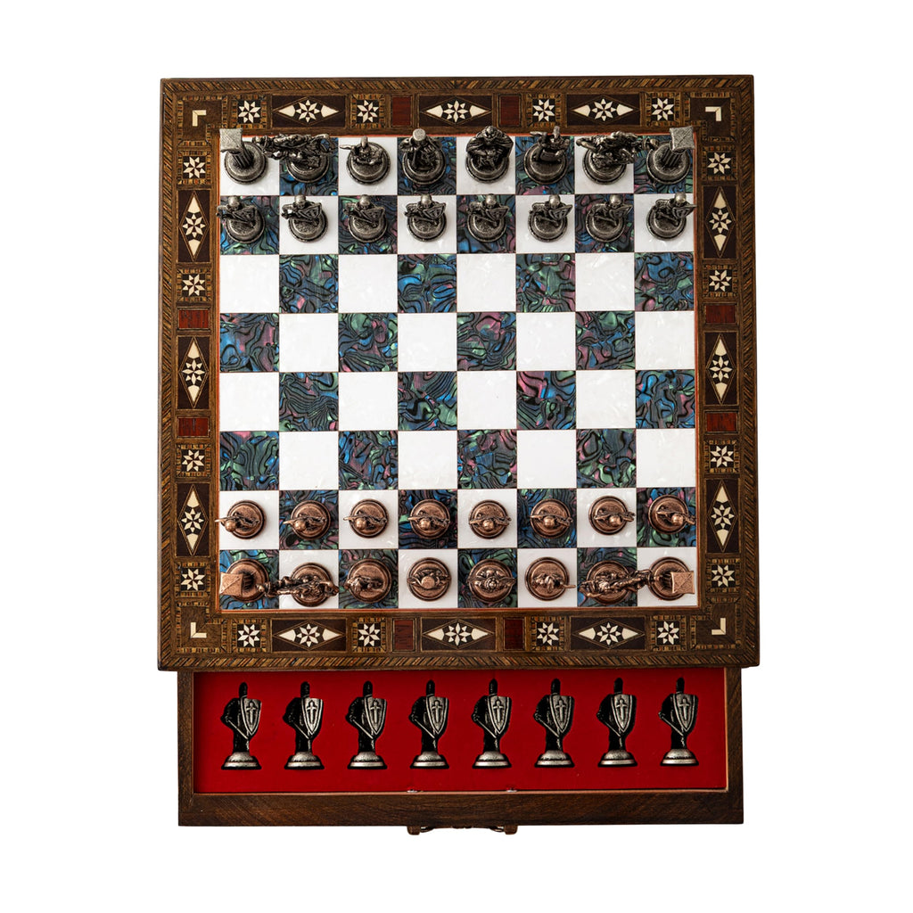 15’’ Unique Handmade Chess Set – Handmade Wooden Storage Board with Metal Chess Pieces – Luxury Gift for Men and Collectors – Gift for Dad (Purple)