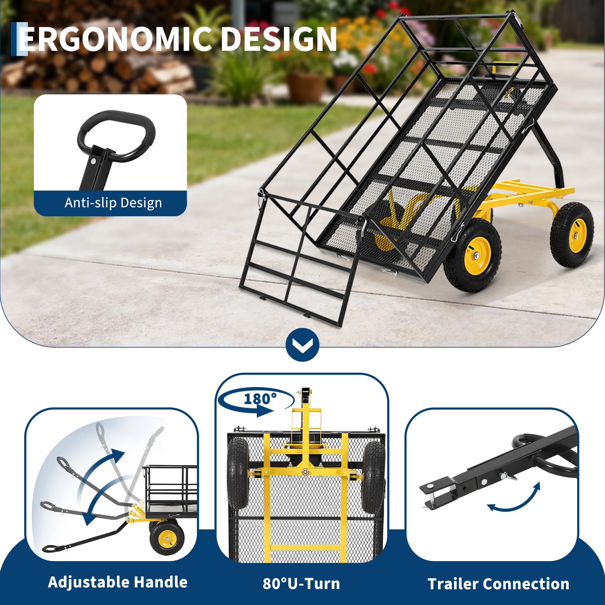 Patikuin 1500 lbs Heavy Duty Steel Garden Cart – Removable Mesh Sides – 13-Inch All-Terrain Wheels – Swivel Yellow Handlebar – Quick Dump – Folding Utility Yard Wagon for Soil, Tools, Plants – Black