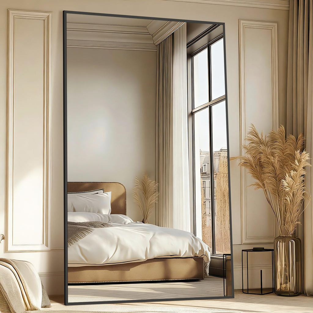 Mirrorons 76"x44" Oversized Black Full Length Mirror, Floor Standing or Wall Mounted with Hanging Kit, Shatterproof Tempered Glass Mirror for Living Room, Bedroom, Dressing Room, Gym