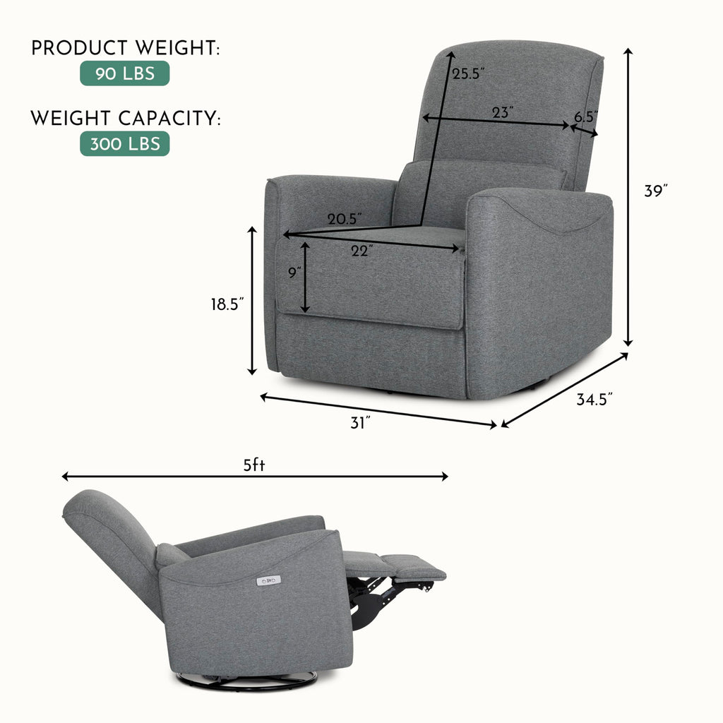 Evolur Belmont Nursery Glider Chair with Massager in Cosmic Grey, Power Recliner with 275° Swivel, Lumbar Support Modern Rocking Chair for Baby Room, Nursery & Living Room