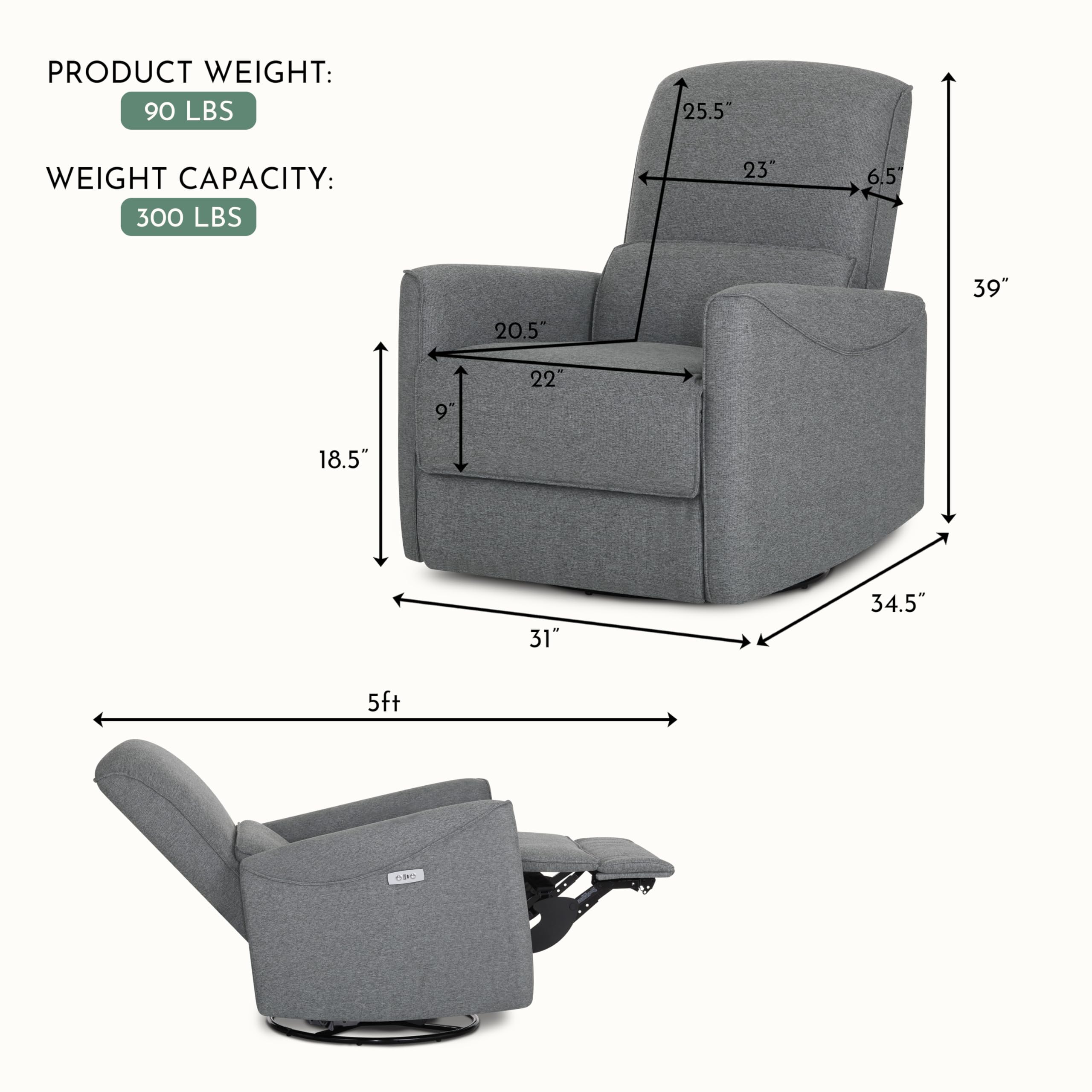 Evolur Belmont Nursery Glider Chair with Massager in Cosmic Grey, Power Recliner with 275° Swivel, Lumbar Support Modern Rocking Chair for Baby Room, Nursery & Living Room