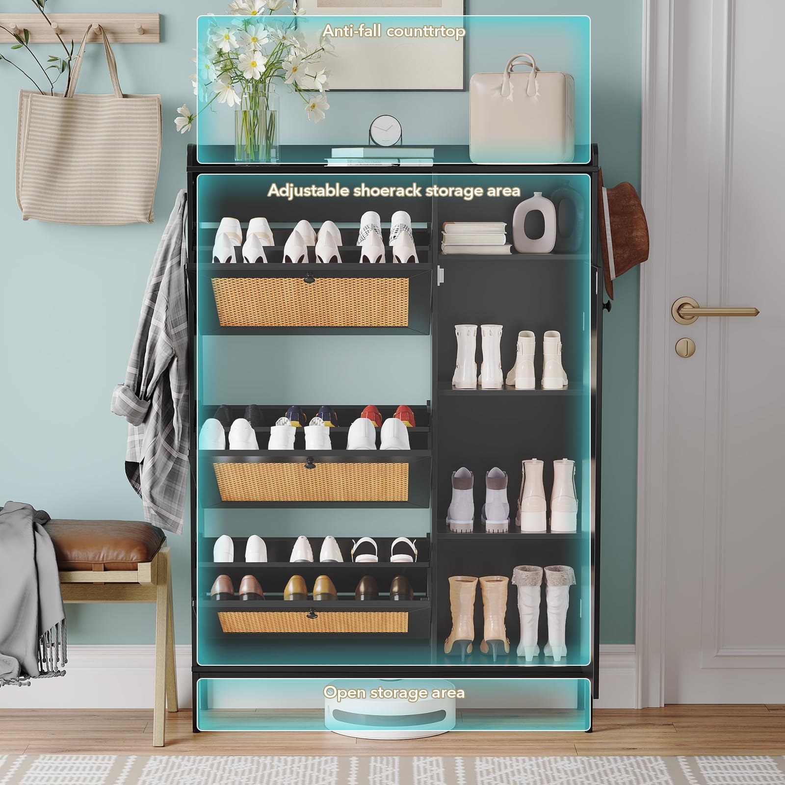 Shoe Storage Cabinet with 3 Flip-Down Doors, Rattan & Metal Frame Organizer, Adjustable Shelves, Narrow Freestanding Rack for Entryway Hallway, Tool-Free Assembly, Modern Farmhouse Decor, Black