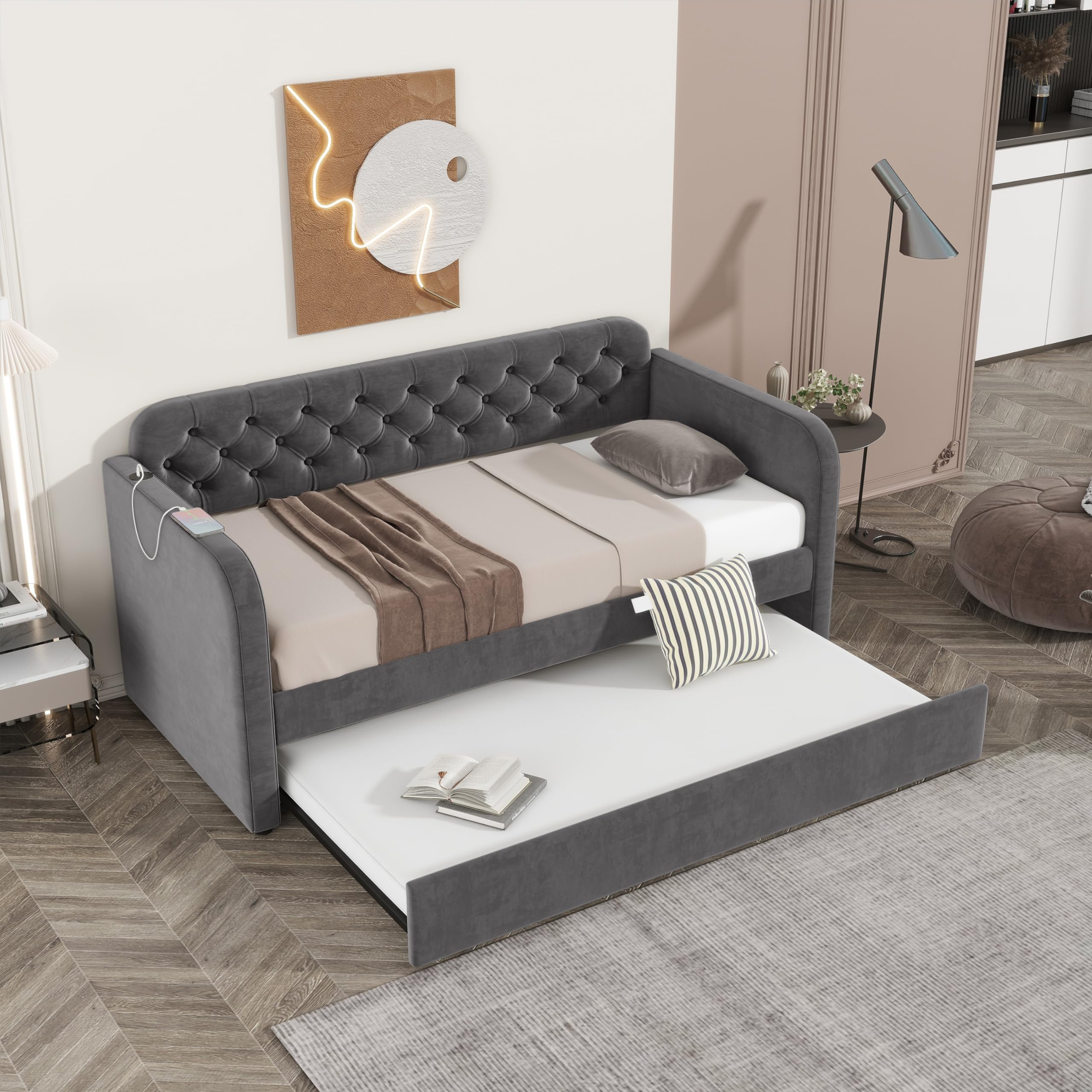 Acosure Twin Size Velvet Upholstered Daybed with Trundle and USB Charging Design,Bed Frame W/Fabric-Tufted Linen Backrest,for Bedroom,Guest Room,Apartment,Dark Grey