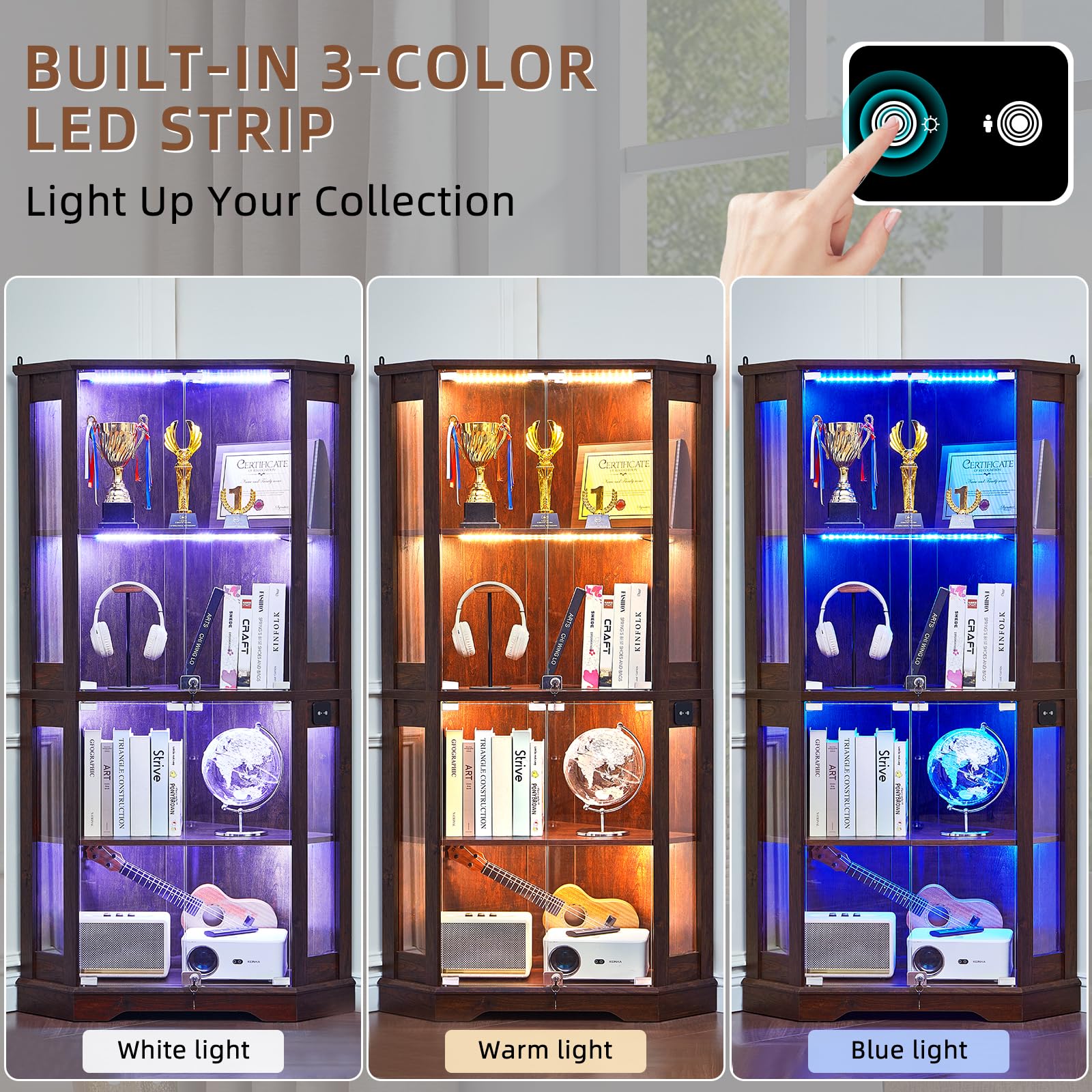 LELELINKY Farmhouse Glass Display Cabinet Set of 2 with Doors, Corner Curio Cabinet for Collectibles, Wooden Display Cabinets for Home, Office, Living Room, Corner, Walnut