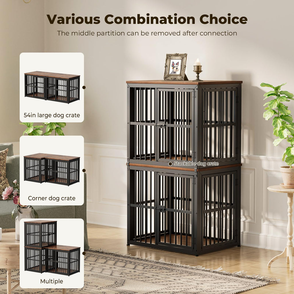 Lyromix 54'' Dog Crate Furniture with Double Rooms,Wooden Crate End Table Heavy Duty Indoor Puppy Cage for 2 Small Dogs, Multiple Units Can be Combined, Rustic Brown