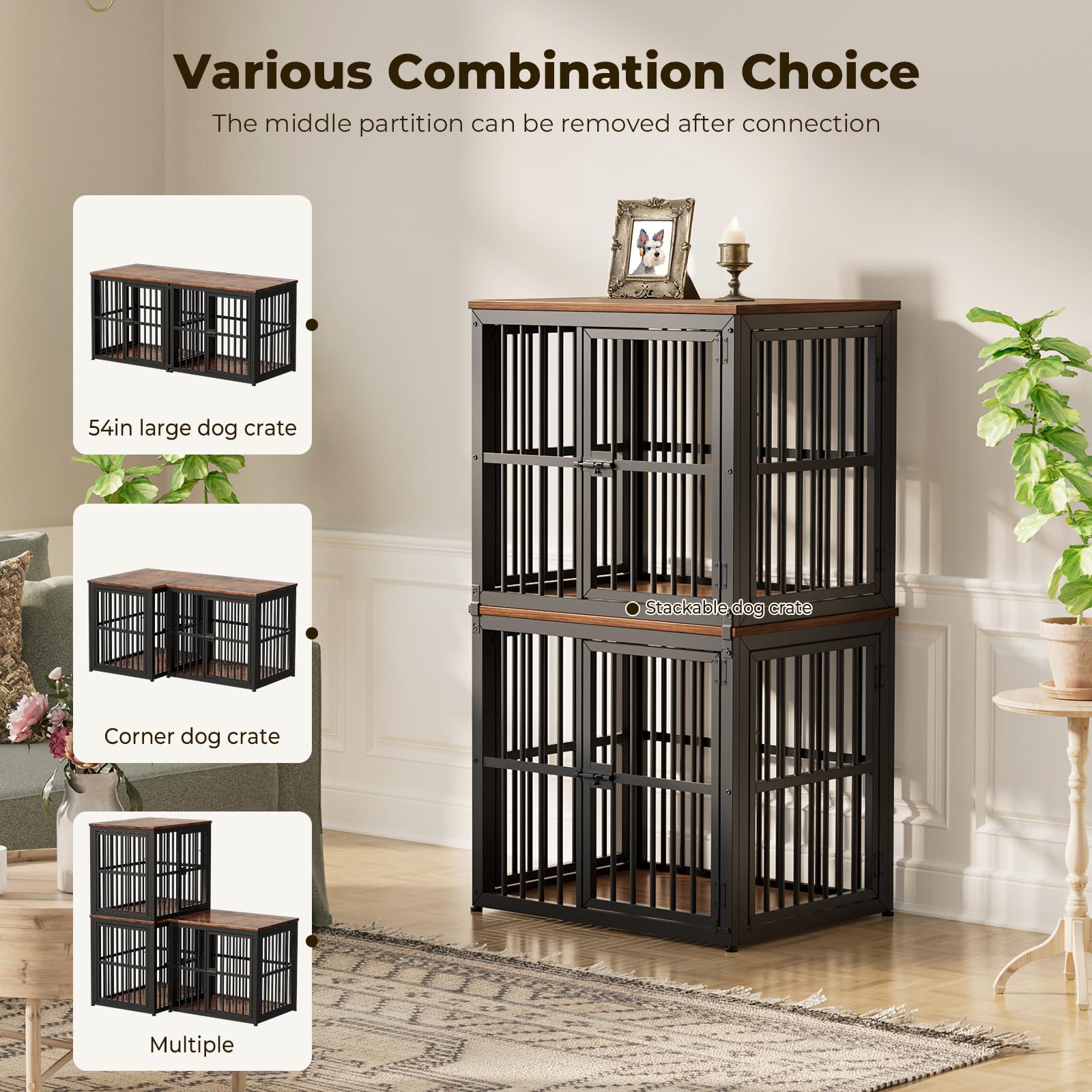 Lyromix 54'' Dog Crate Furniture with Double Rooms,Wooden Crate End Table Heavy Duty Indoor Puppy Cage for 2 Small Dogs, Multiple Units Can be Combined, Rustic Brown
