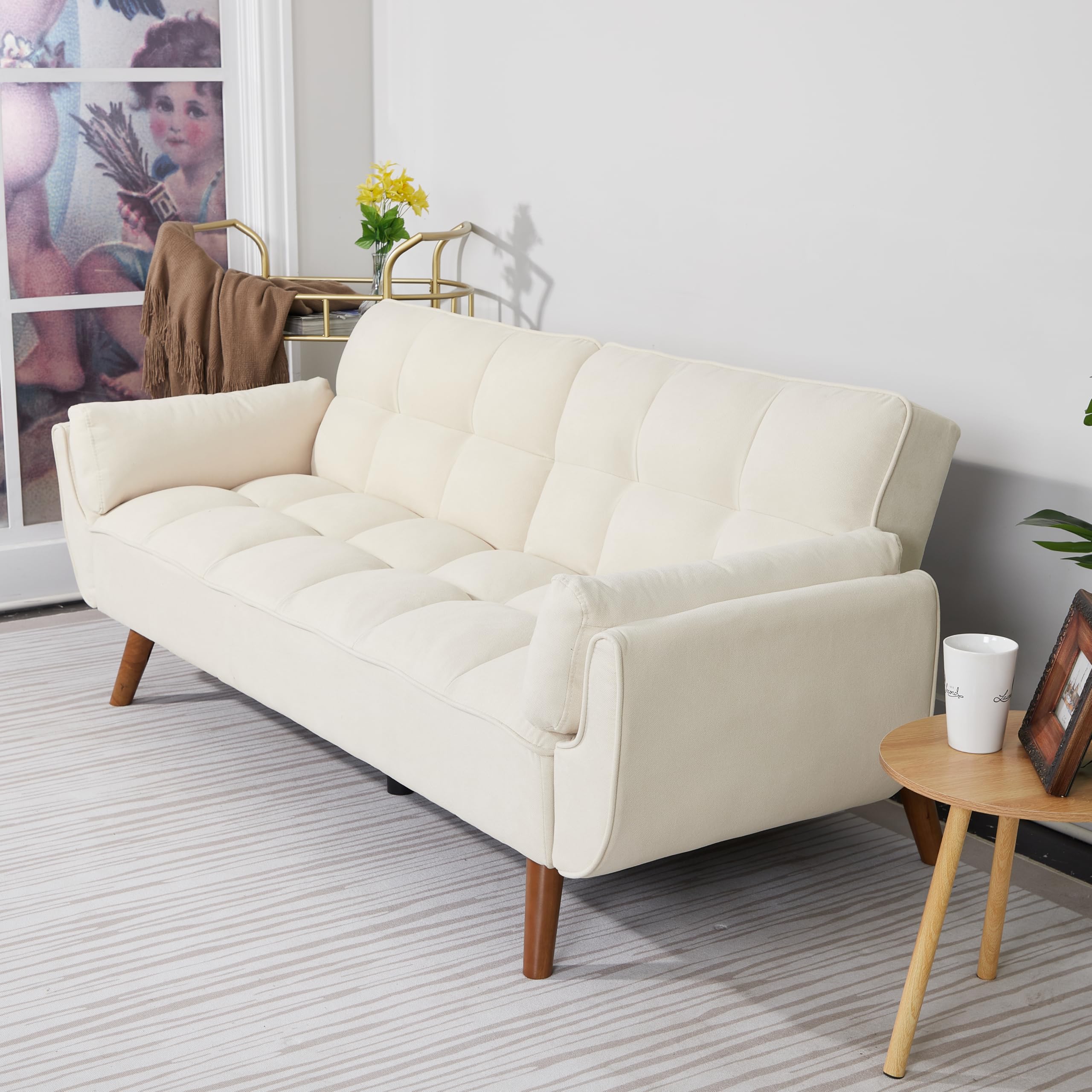 ERYE 75-Inch Upholstered Futon Sofabed for Bedroom Living Room, Modern Linen Tufted Convertible Futon Loveseat Sleeper Sofa Bed with Adjustable Backrest and Pillows