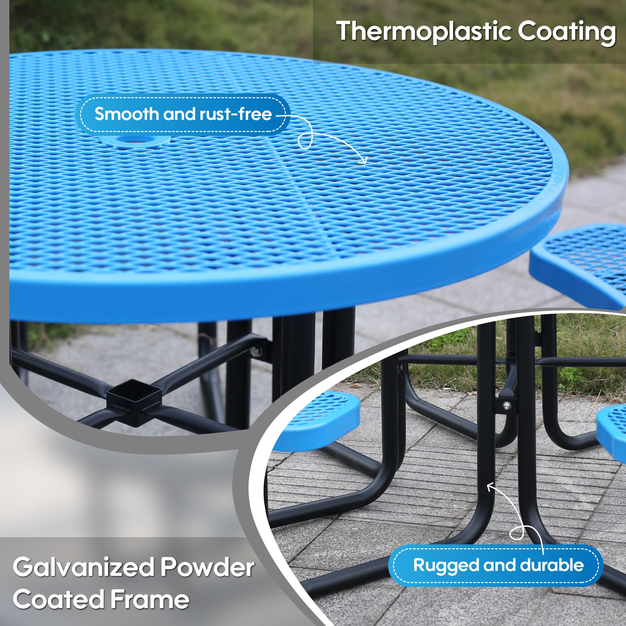 Sunnibety 8-Person Picnic Tables for Outdoors, Industrial 46" Expanded Metal Round Picnic Table with 4 Benches & Umbrella Hole, Outside Table and Bench Set for Park, Garden, Backyard, Patio, Blue