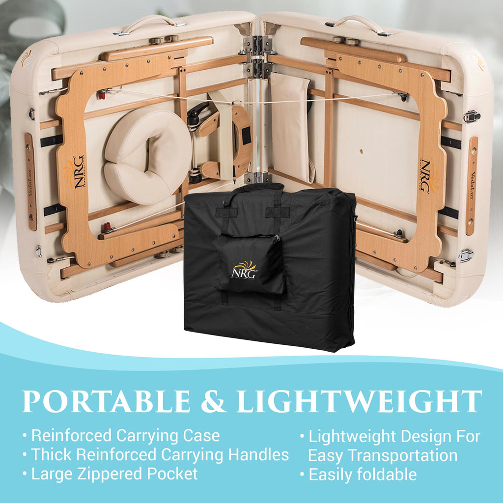 NRG Vedalux Portable Massage Table Package | Vanilla Cream | Folding Lightweight Massage Bed | Professional Spa Table with Face Cradle, Hanging Armrest & Carrying Case