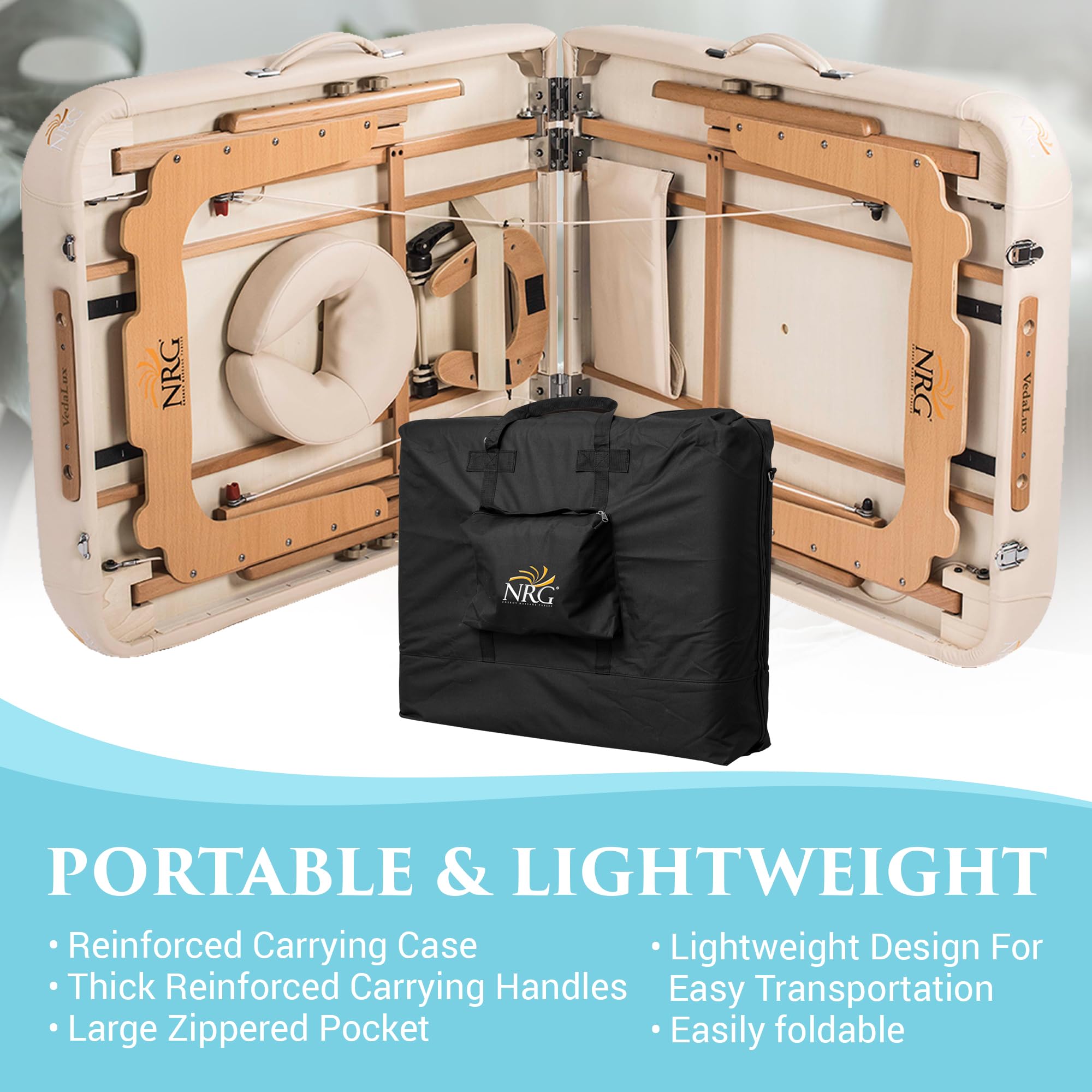 NRG Vedalux Portable Massage Table Package | Vanilla Cream | Folding Lightweight Massage Bed | Professional Spa Table with Face Cradle, Hanging Armrest & Carrying Case