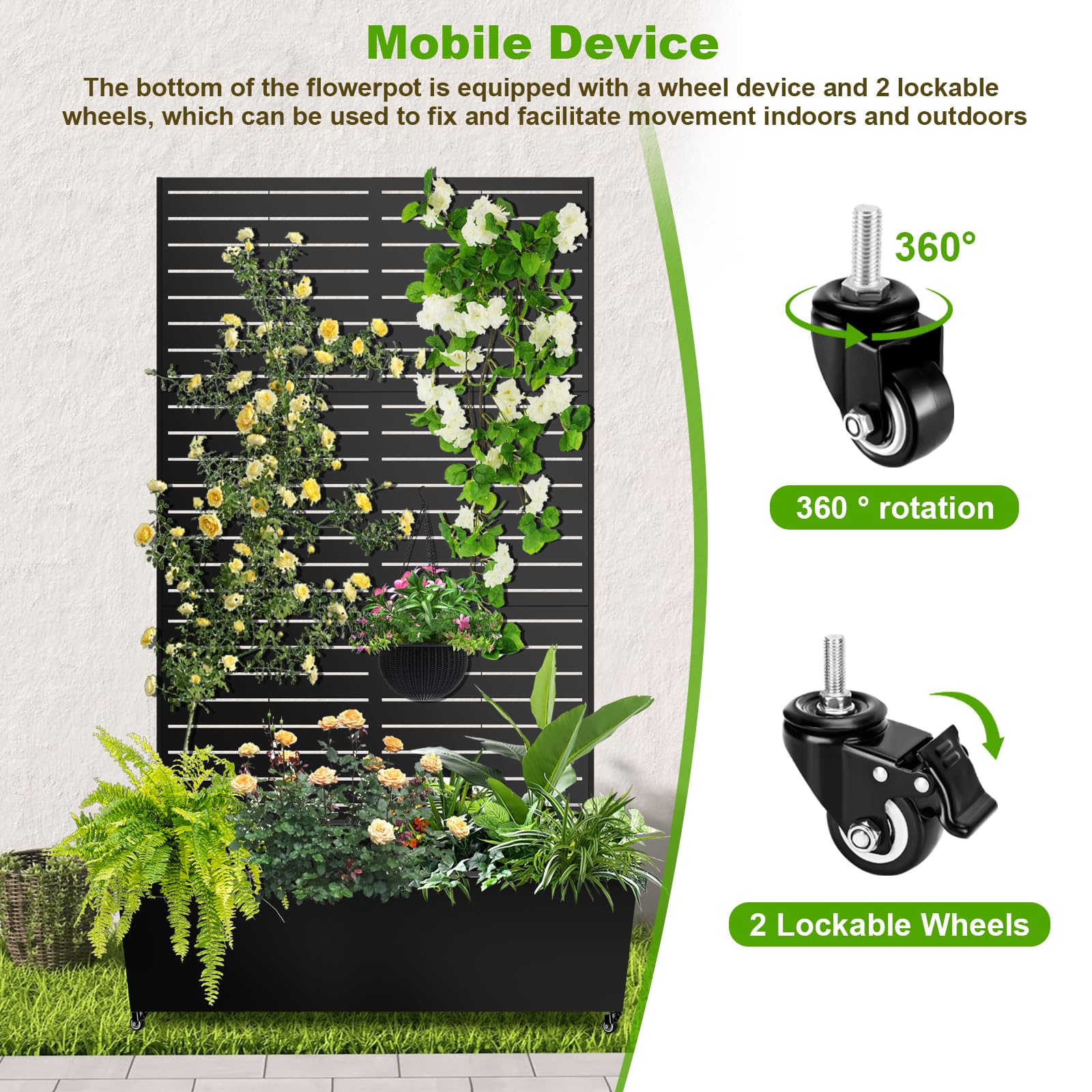 Meyoppm 72"x47"x16" Metal Planter Box with Trellis, Galvanized Steel Raised Garden Bed with Lockable Casters & Drainage Holes, Outdoor Large Planter Box for Climbing Plants, Vegetables & Flowers