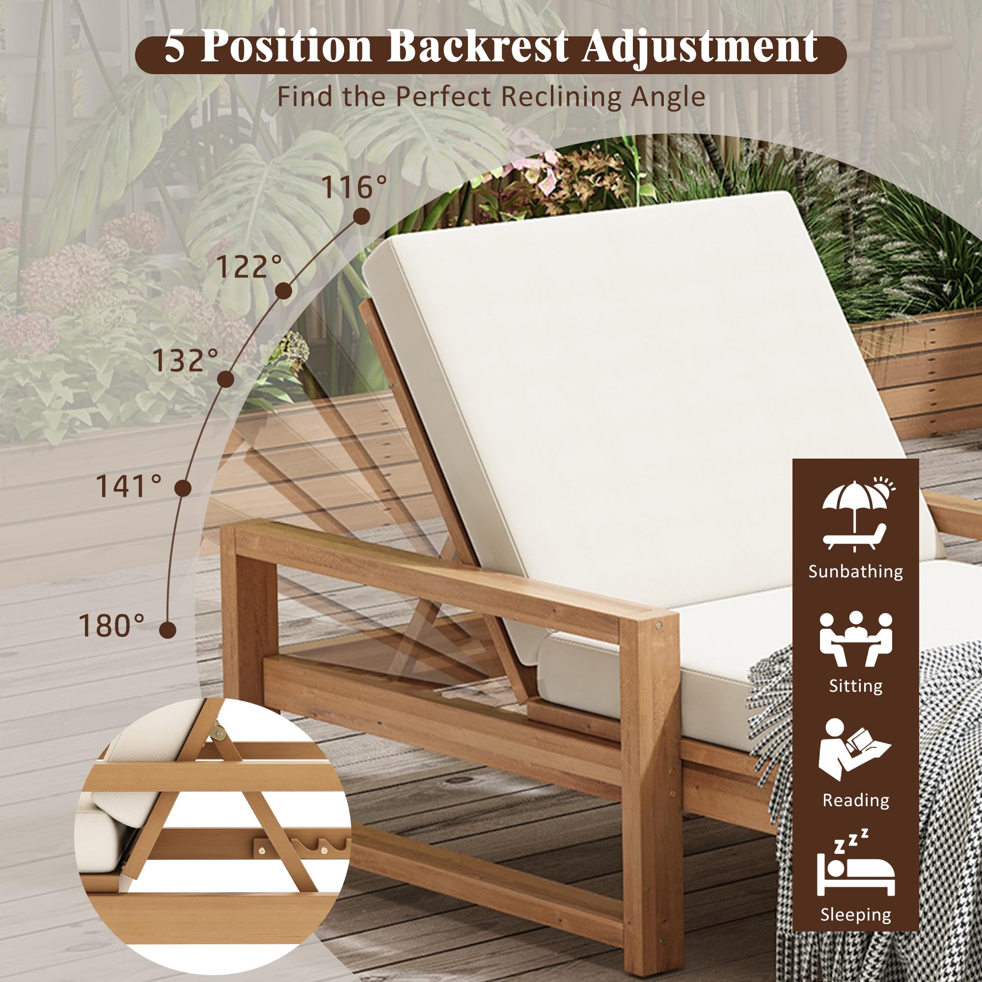 Outdoor Chaise Lounge Chair Set of 2, Patio Chaise Lounge Recliner with Adjustable Backrest, Acacia Wood Poolside Chaise Lounge with Thick All-Weather Cushions for Patio, Deck and Backyard(A)