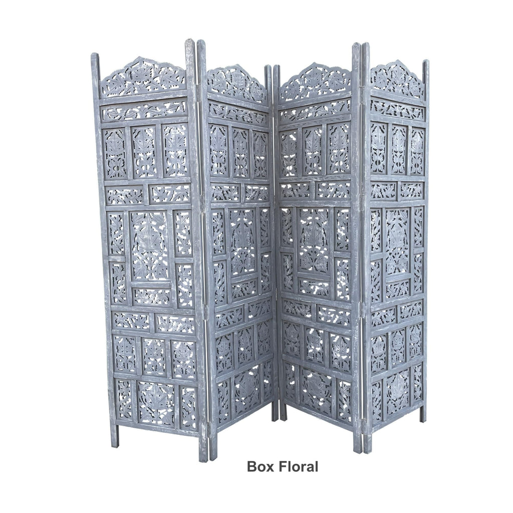 Hand Crafted 4-Panel Wood Divider, Multi-Panel Privacy Screen (Box Floral)