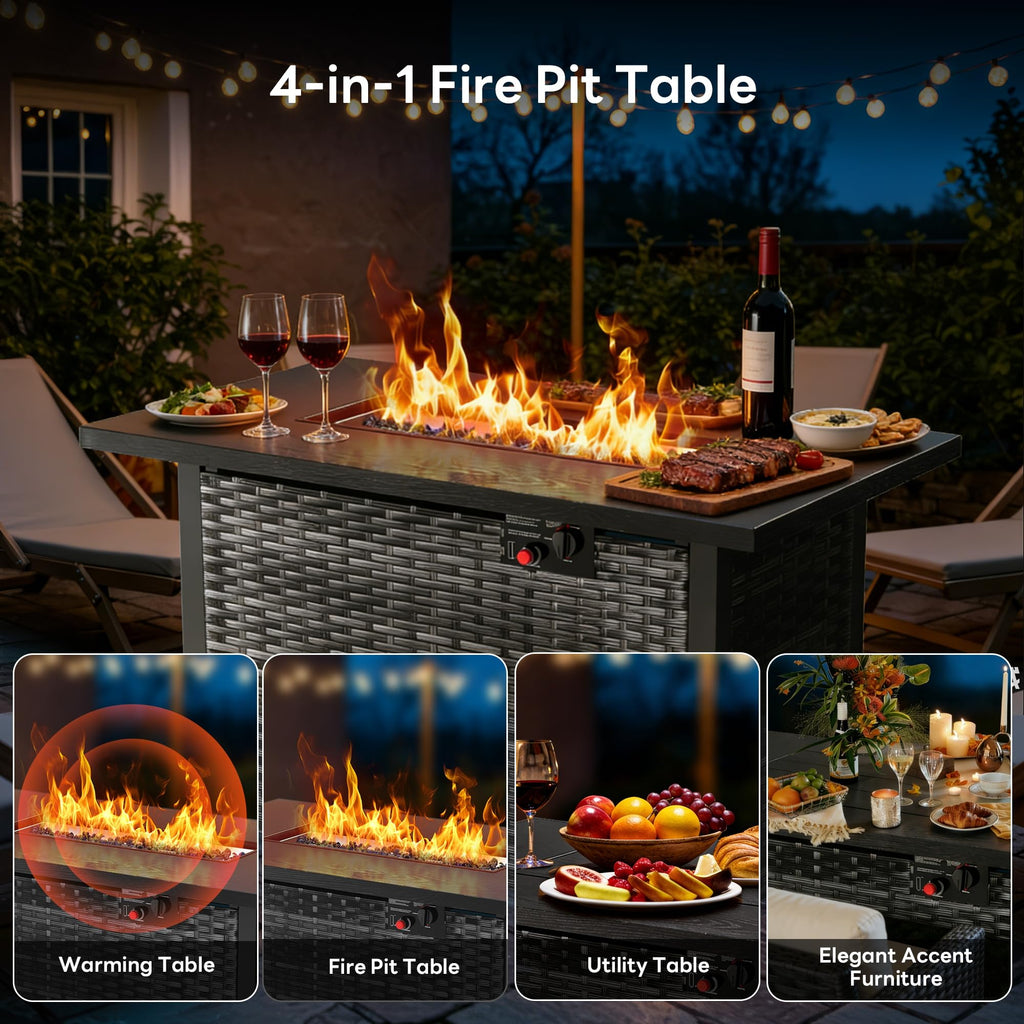43” Outdoor Propane Fire Pit Table, 50,000 BTU Square Rattan Gas Fire Pit with Lid & Blue Crystal Stones, Steel Tabletop, Adjustable Flame, 4-in-1 FirePit Table for Patio, Backyard, Outdoor Gatherings