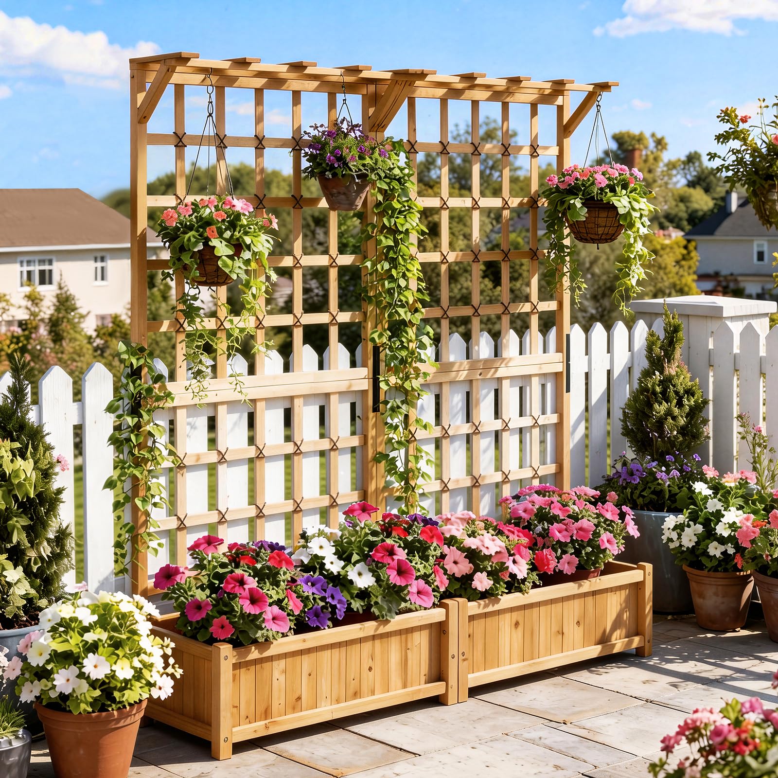Aoxun 108" Wooden Raised Garden Bed with Trellis & Hanging Roof, 3-Piece Plant Planter Boxes for Climbing Vines, Flowers & Plants