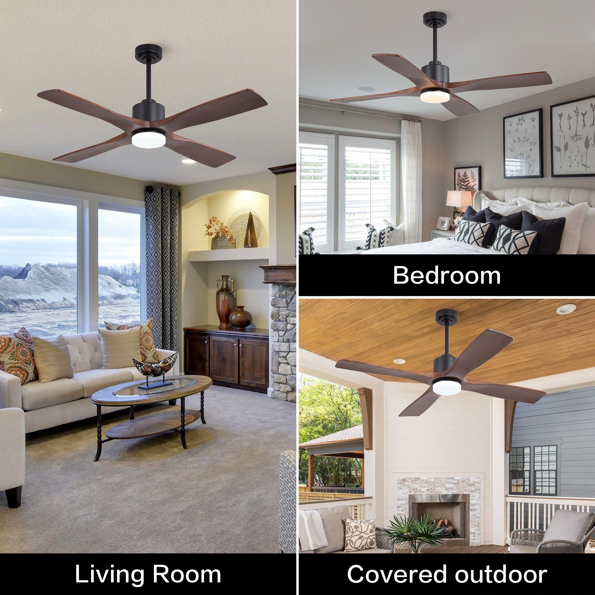 WINGBO 54 Inch DC Ceiling Fan with Lights and Remote Control, 4 Carved Solid Wood Blades, 6-Speed Noiseless Reversible DC Motor, Modern Ceiling Fan in Black Finish with Walnut Blades