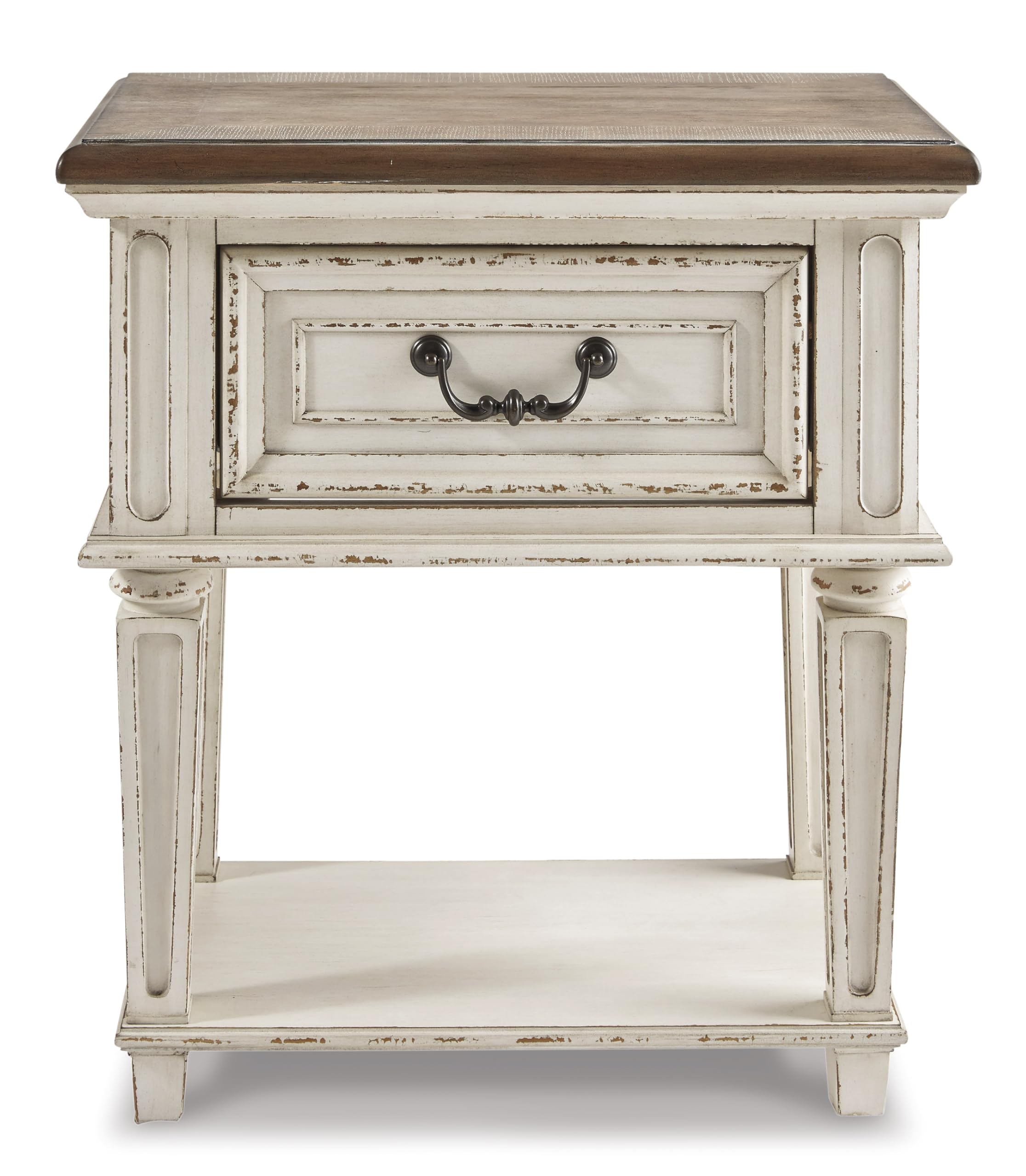 Signature Design by Ashley Realyn Traditional Cottage 1 Drawer Nightstand with Dovetail Construction & Open Display Shelf, Chipped White, 27" Tall, Distressed Brown