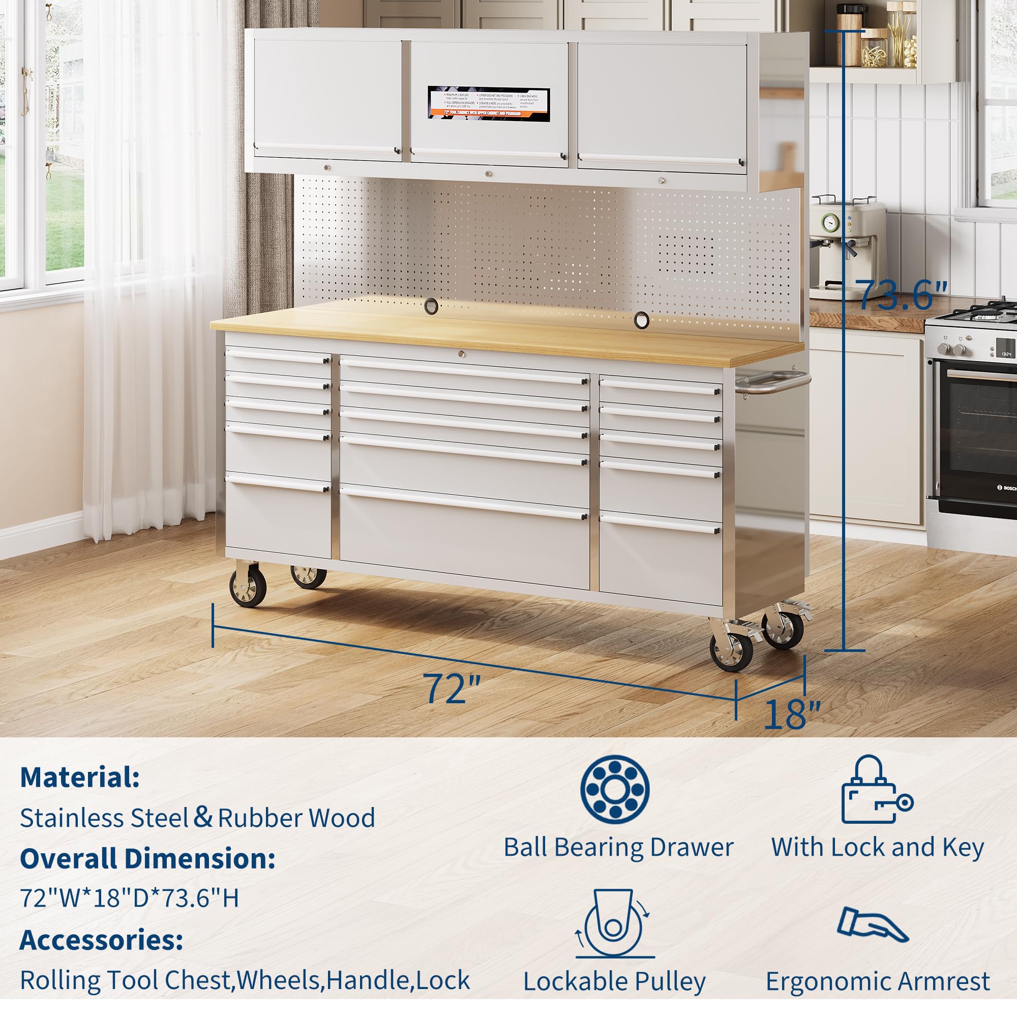 IDEALHOUSE 72 inch Rolling Tool Chest, Garage Workbench with 15 Drawers, Solid Rubber Wood Top & with Wheels Lock Key Locking, Mobile Workstation Tool Cabinet for Workshop Storage