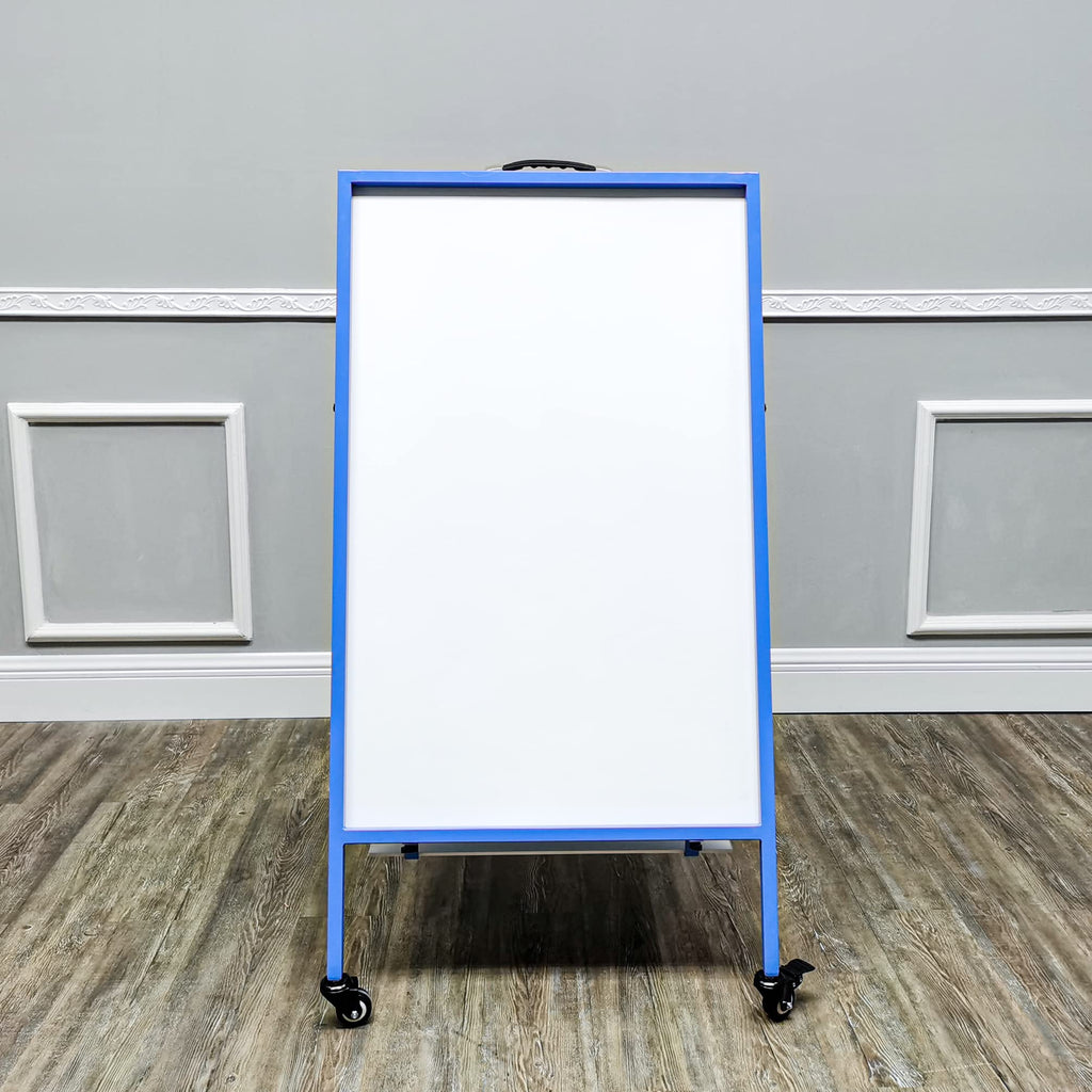 FixtureDisplays Double-Sided Easel with Dry Erase & Magnetic Felt Surfaces A-Frame Art Board on Wheels Blue Steel Frame 19531-NPF