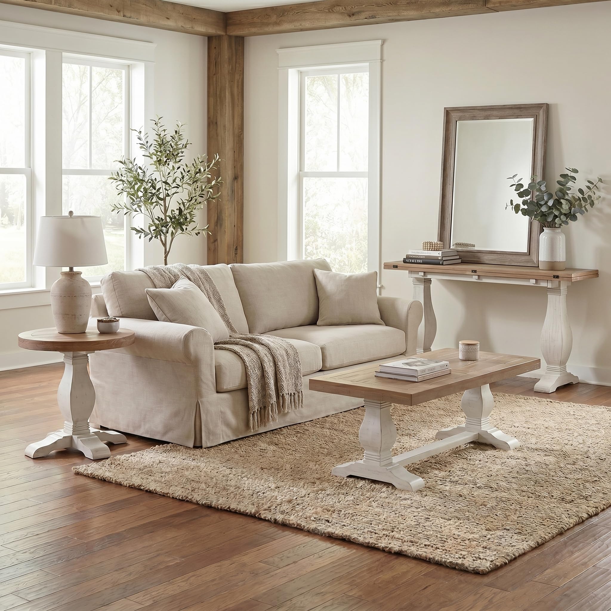 Martin Svensson Home Napa Solid Wood Pedestal Flip-Top Sofa Console Table, White and Driftwood, 60 inches x 18 inches x 30 inches