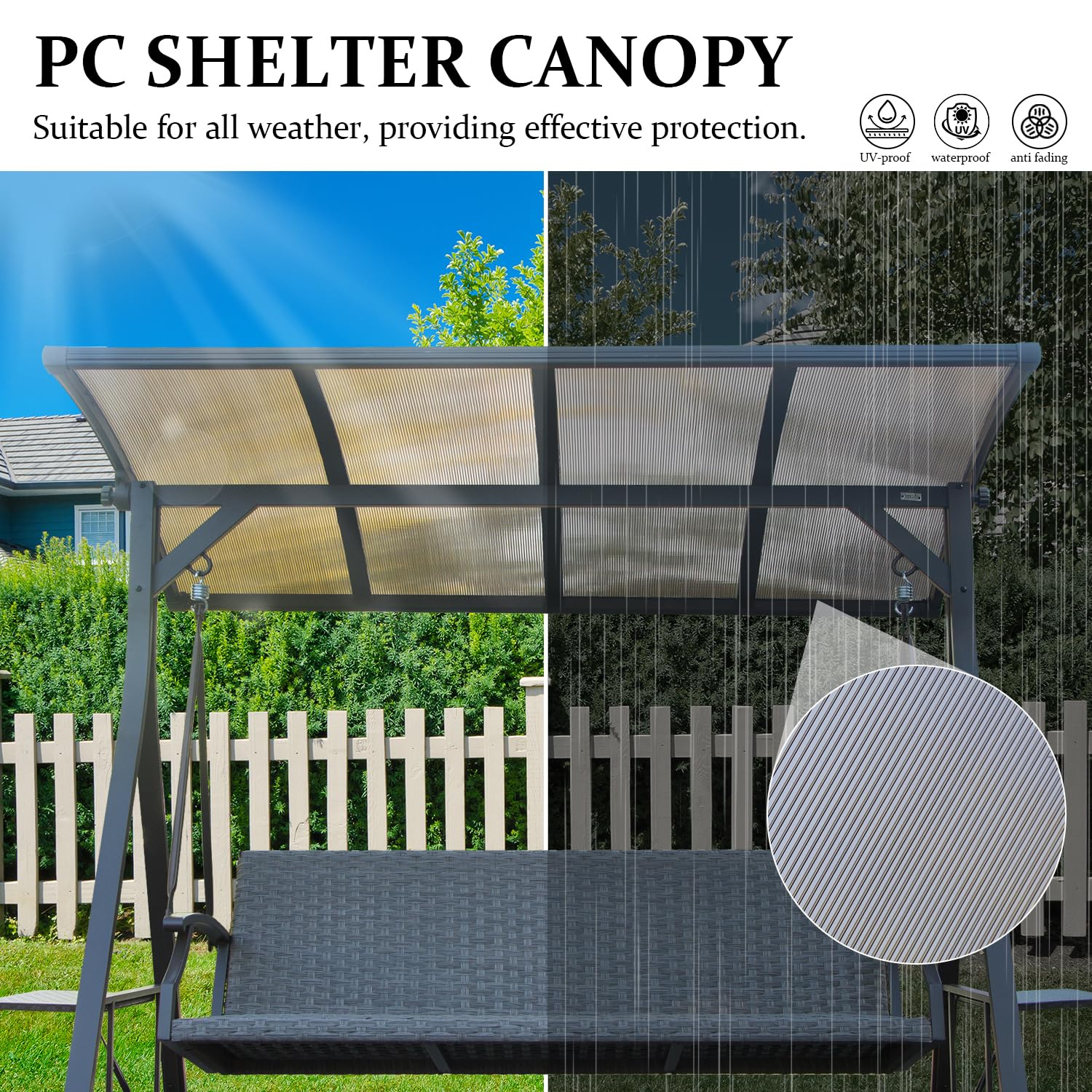 Domi 3-Seat Outdoor Porch Swing w/Adjustable Polycarbonate Hardtop and Side Table, Wicker Patio Swing Chair Bench with Steel Frame and Quick-Drying Foam Seat, Perfect for Backyard Garden and Lawn