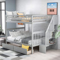 Favfurish Full-Over-Full Bunk Bed with Two Drawers and Storage,Wood Bed-Frame W/High Guardrail & Inclined Handrails,Bedroom Furniture for Children,Teens,Adults,Gray