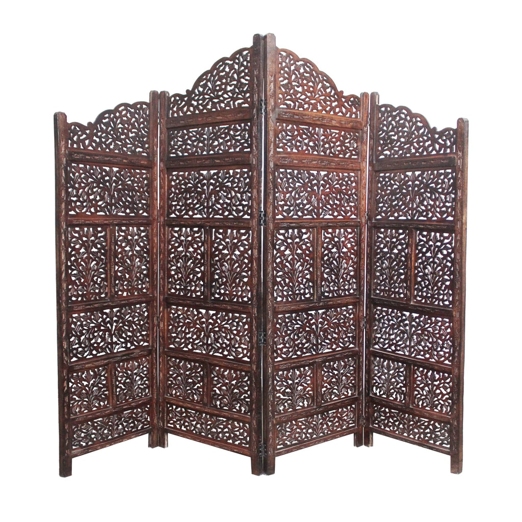 Room Divider Wood Screen - Mahanadi Antique Brown - 4 Panel Folding 72x80 - Wooden Hand Carved Screen Decorative Functional Versatile - Small Spaces Reversible Privacy Partition - COTTON CRAFT