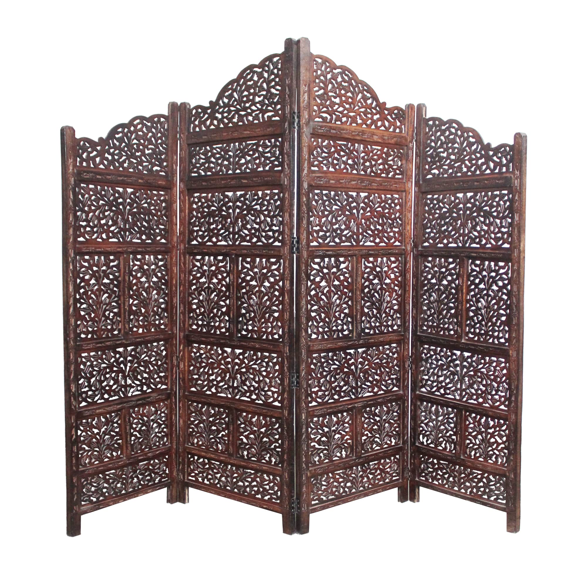 Room Divider Wood Screen - Mahanadi Antique Brown - 4 Panel Folding 72x80 - Wooden Hand Carved Screen Decorative Functional Versatile - Small Spaces Reversible Privacy Partition - COTTON CRAFT