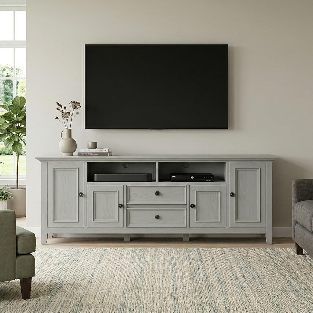SIMPLIHOME Amherst TV Stand - 72 inch Wide Solid Wood Media Console in Fog Grey, Transitional Entertainment Center for Living Room for TVs up to 80 Inches with Shelves and Cable Management