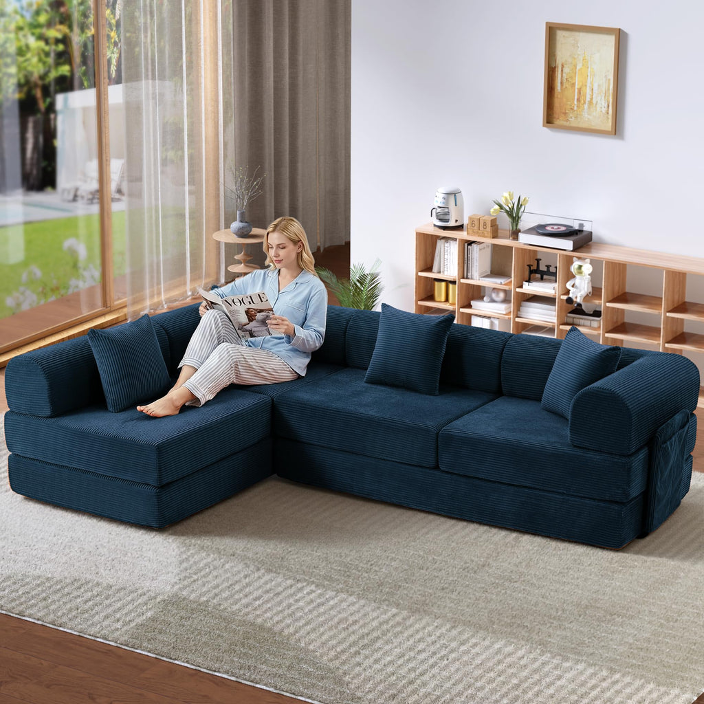 Trygoal 142" Oversized Modular Sectional Sofa Bed, 7-in-1 Convertible Corduroy Cloud Couch with Storage Bag & Reinforced Frame, Deep Seat Sectional Couches for Living Room, Tool-Free Assembly, Blue
