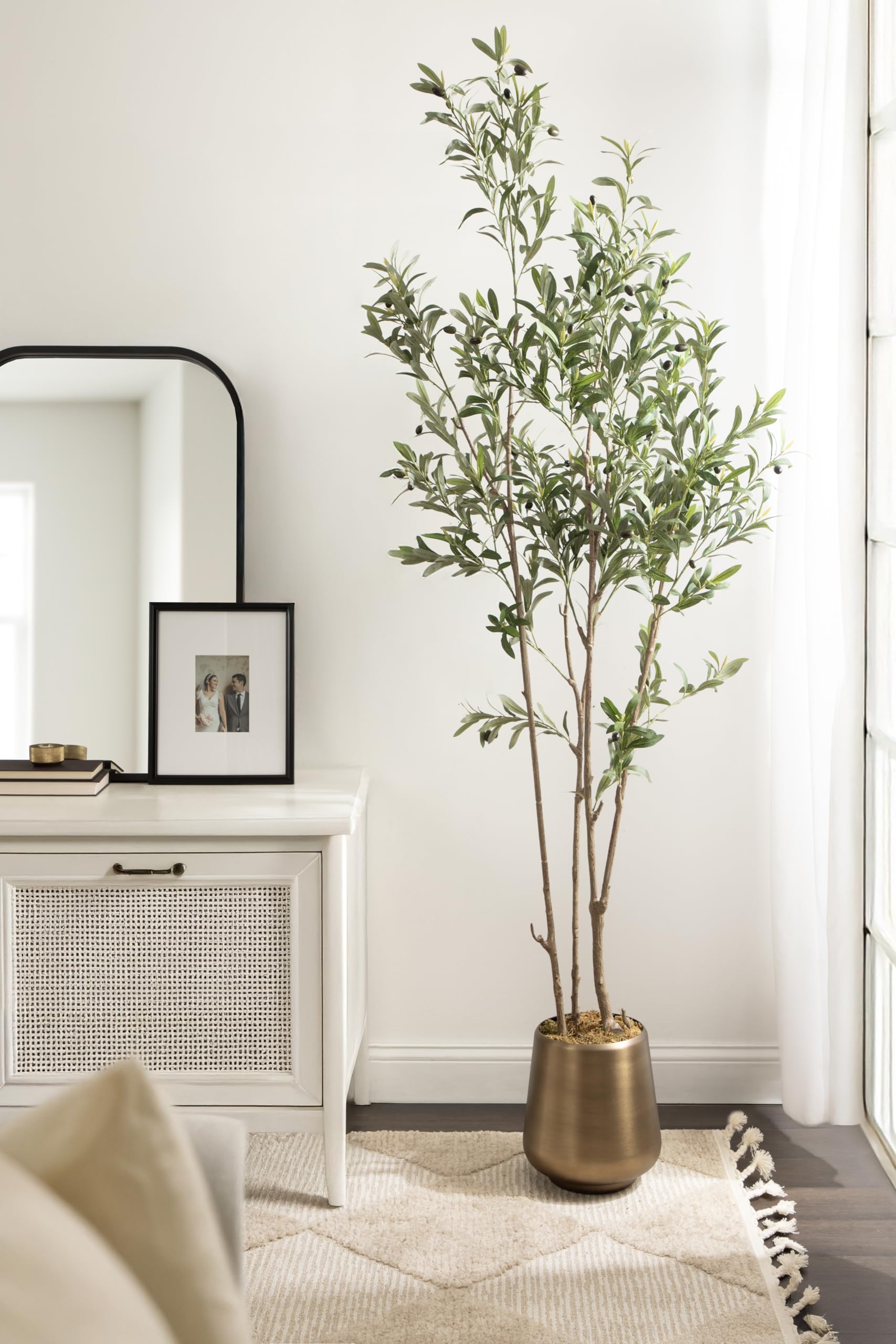 Kate and Laurel Oliveira Faux Olive Tree with Portell Metal Planter Pot, 7 FT, Gold, Potted Artificial Olive Plant Tree with Realistic Foliage and Added Moss, Fake Plant Living Room Decor