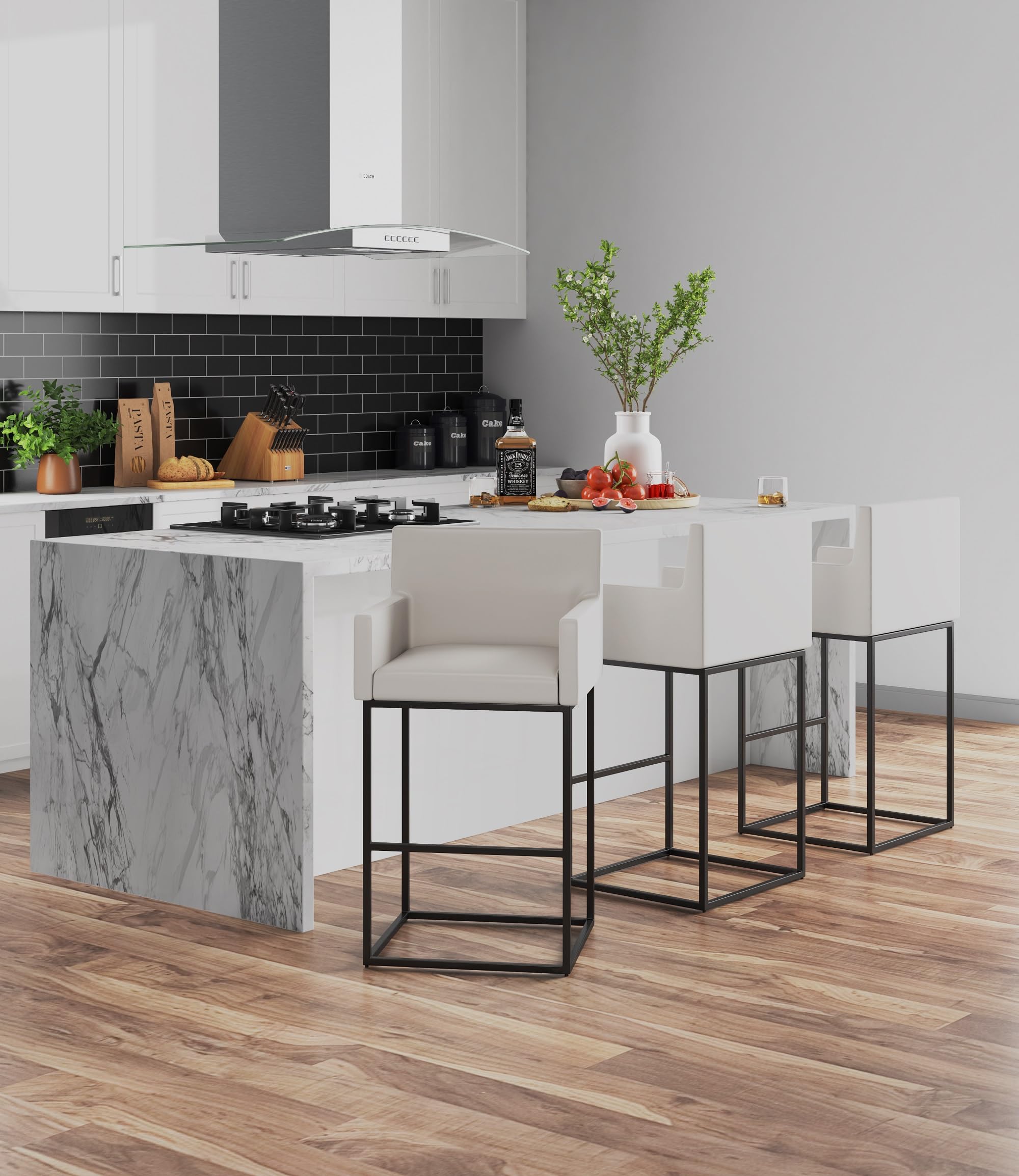 Manhattan Comfort Ambassador 38" Counter Height Bar Stool, Faux Leather Upholstery, Mid-Century Modern, Metal Frame with Footrest, No Assembly Required, Ideal for Kitchen Island, Set of 3, Cream