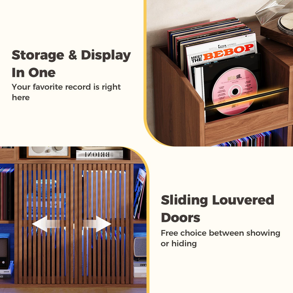 IRONCK Luxury Record Player Stand with Storage, Holds 1500+ Vinyl Records, Large Record Storage Cabinet with Sliding Doors & Charging Station & LED Light, Brown