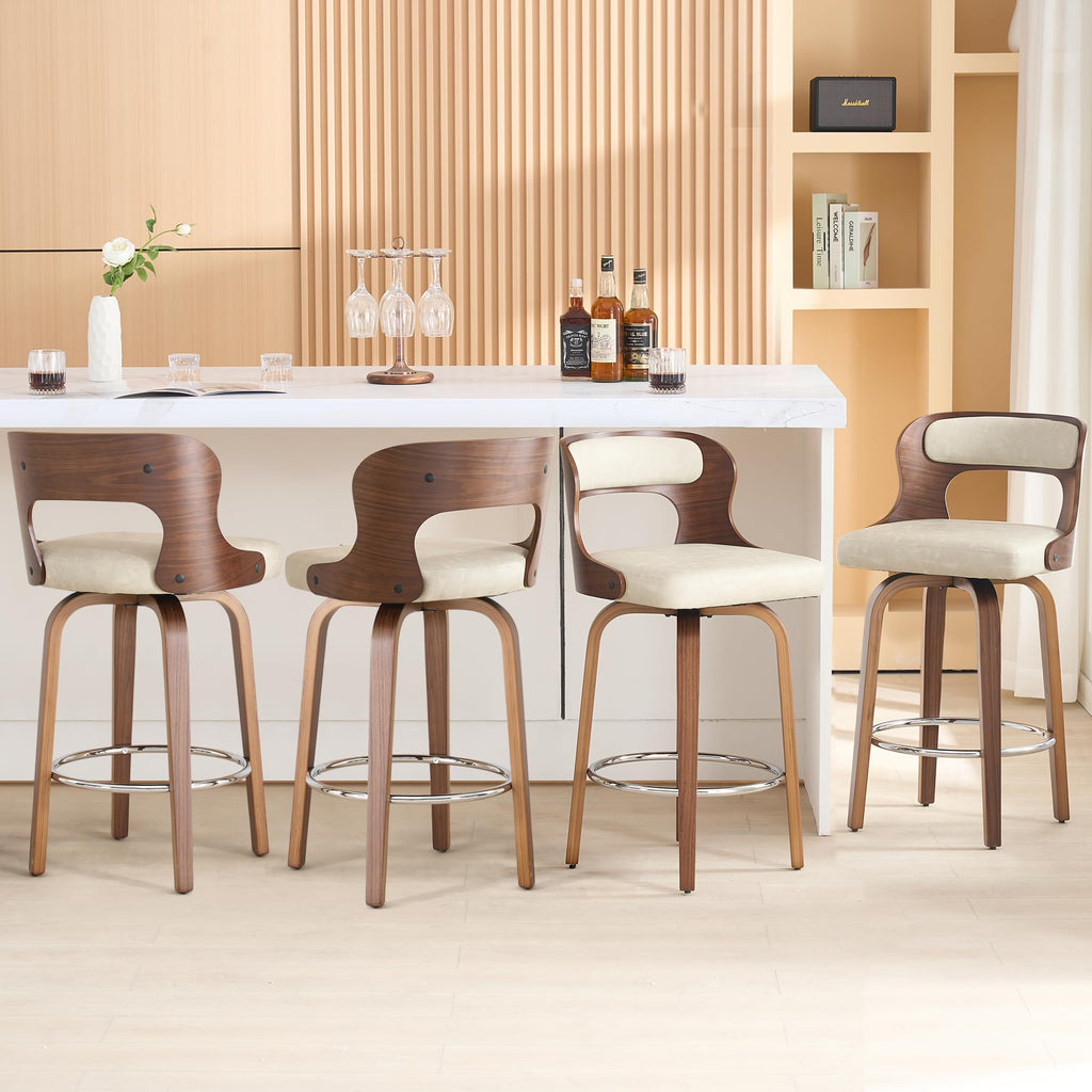 ClinQ Counter Height Bar Stools 26" Barstools with Bentwood Legs and Back, Faux Leather 360° Swivel Counter Stools, Mid Century Accent Bar Stools Set of 4 for Kitchen, Restaurant, Grey