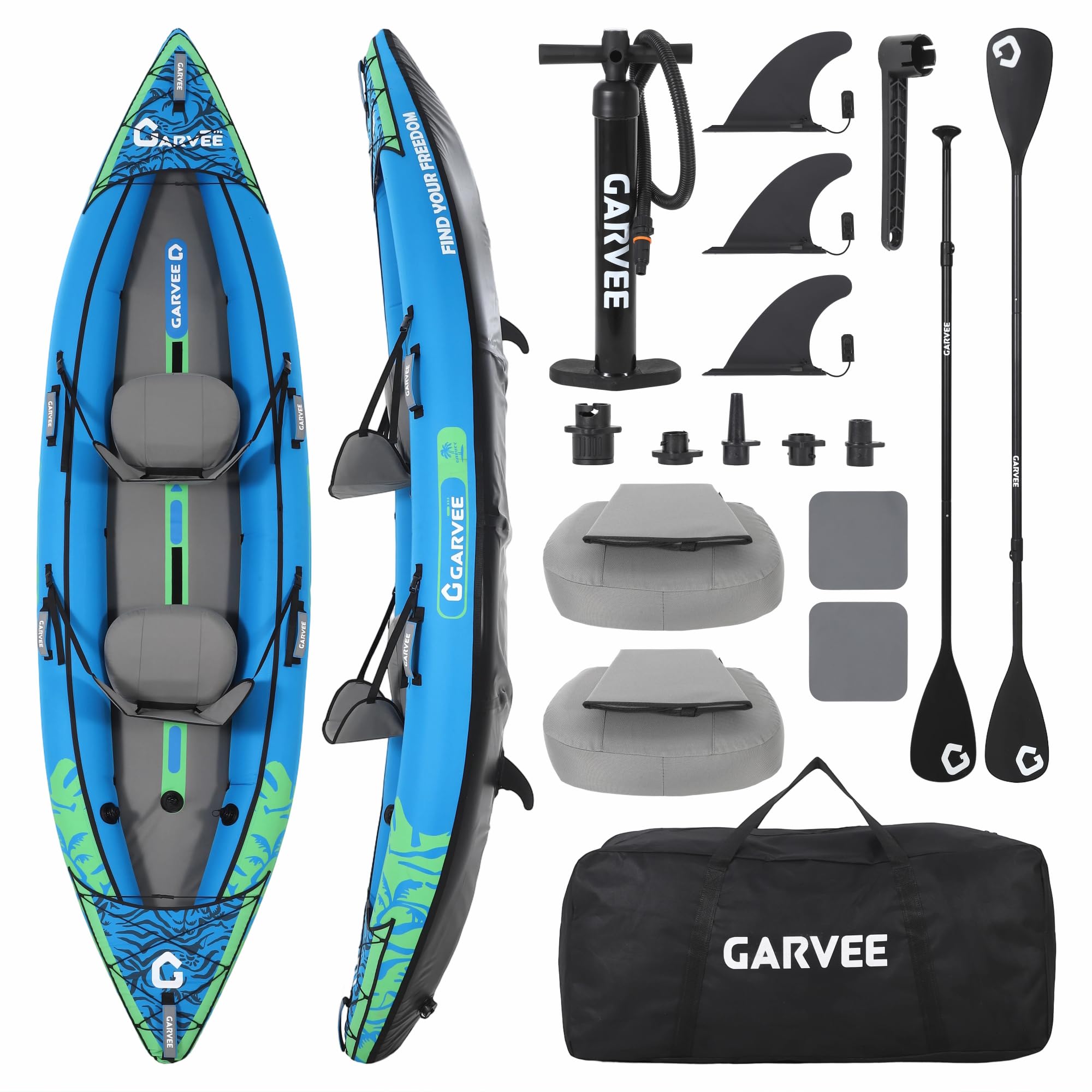 GarveeLife Inflatable Kayak,2-Person Kayak for Adults 12.5FT/450 LBS Weight Capacity,Portable Touring Kayak Canoe with Paddle, Kayak Seat, Pedal, Hand Pump and Bag