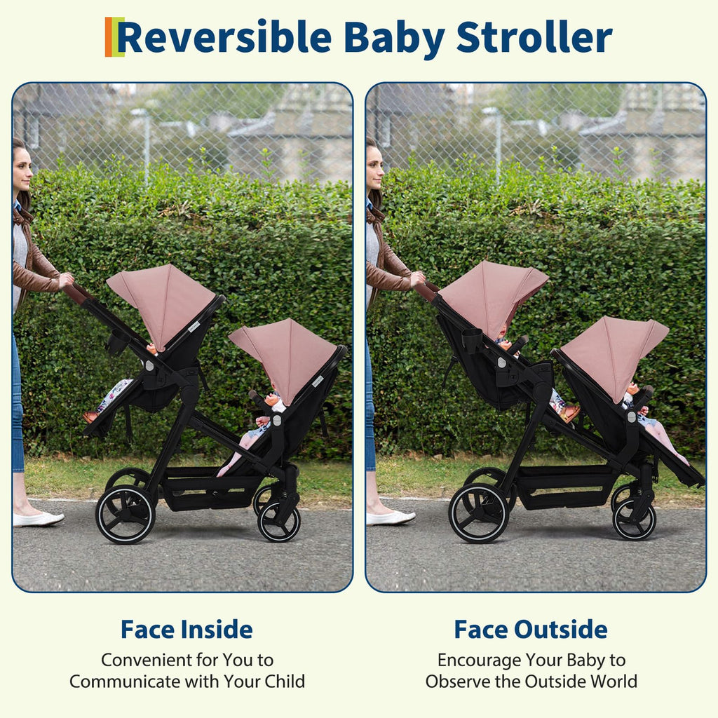 Double Tandem Stroller for Newborn & Toddler – Foldable Twin Pushchair with Reversible Seat, 5-Point Safety Harness, Adjustable Backrest & Canopy, Storage Basket