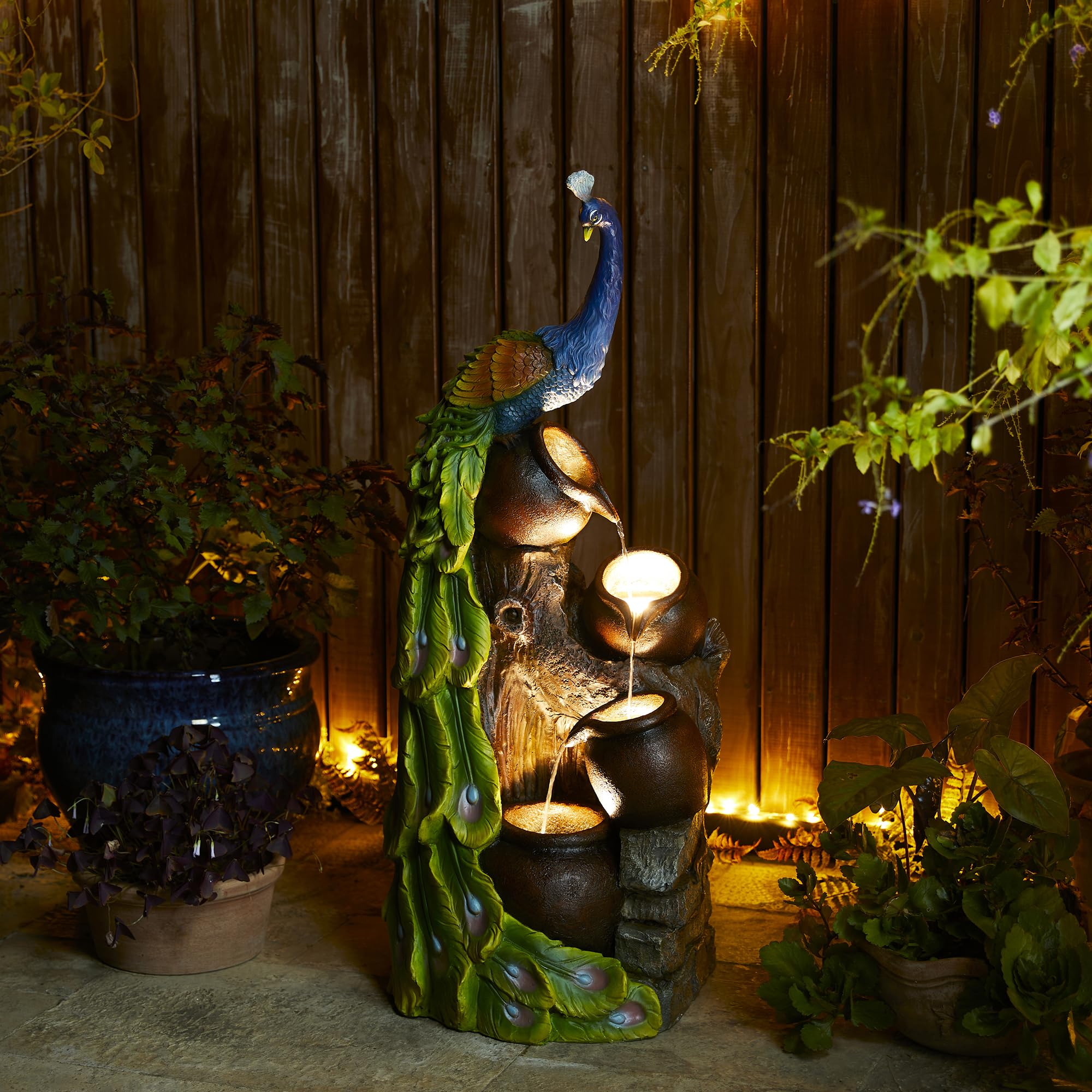 Glitzhome Oversized 4-Tiered Peacock and Jars Polyresin Outdoor Floor Fountain with Pump and LED Light, 40" H