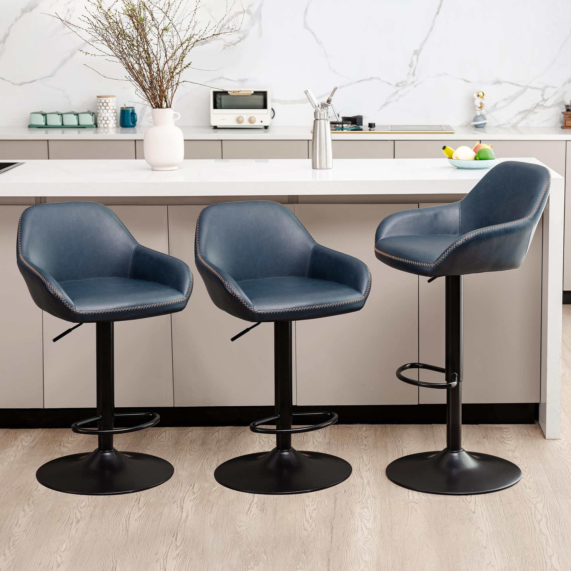 Glitzhome Bar Stools Set of 3, Adjustable Counter Height Bar Chairs with Back Support and Footrest, PU Leather Upholstered Swivel Bar Stools for Kitchen Island Dining Room Pub Home Bar, Navy Blue
