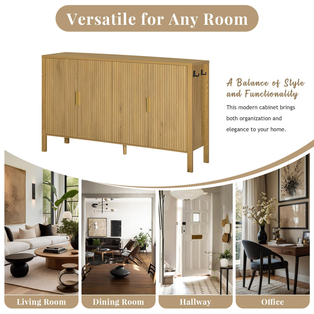 GDFStudio 58" Modern Buffet Cabinet with 4 Stripe Doors, Sideboard Storage Cabinet with Back Door Storage Racks, Shelves, Side Hooks, Coffee Bar Cabinet Credenza for Dining Room Living Room, Natural