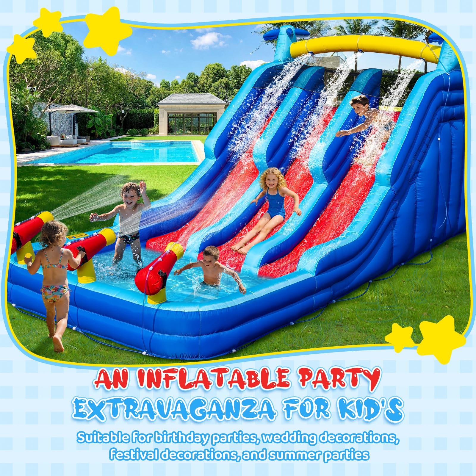 22FT Oxford Inflatable Water Slide Family Version of Water Park Equipped with a Pool Climbing Area and Slide Track Suitable for Summer Swimming Pool Parties and Family Gatherings （Include Blower）