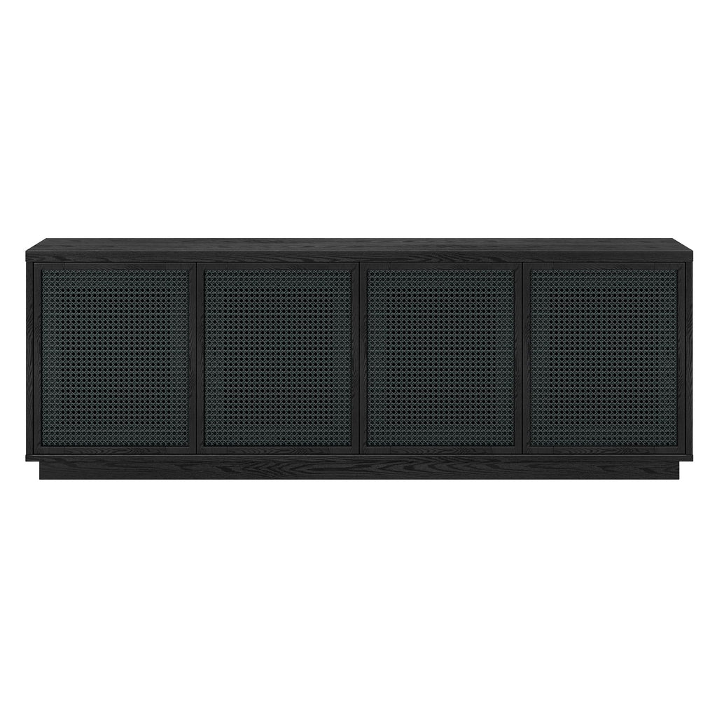 Henn&Hart TV Stand for TVs up to 78" with 2 Concealed Storage Cabinets, Rattan Insert Detailing, and Adjustable Shelves for Living Room, Family Room, or Office, Natural Black
