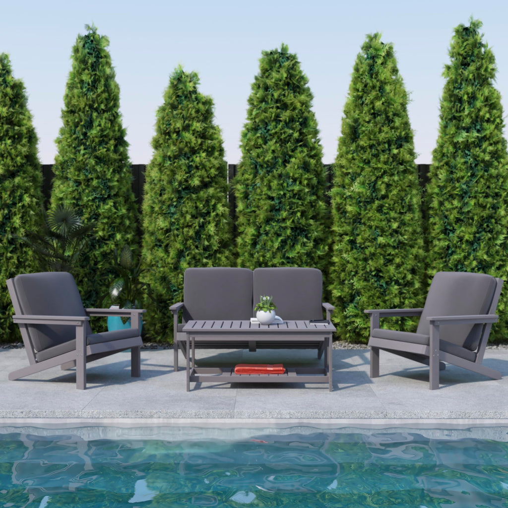 Flash Furniture Charlestown Adirondack Style Deep Seat Patio Loveseat with Cushions - Gray Poly Resin Frame - Gray All-Weather Cushions - Indoor/Outdoor