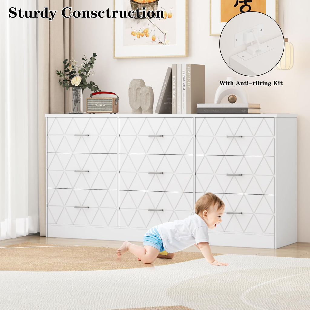 GAOMON 63'' Large Dresser for Bedroom with Power Outlet, 9 Drawers Dresser for Bedroom, Modern Chest of Drawers for Closet, Storage Organizer for Living Room, Hallway, b, Om,