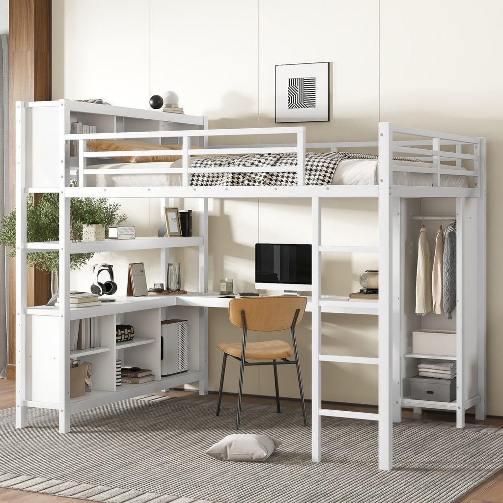 KEIKI Metal Queen Size Loft Bed Frame with Built-in L Shaped Desk, Wardrobe, Stairs, Storage Cubes & Shelves for Kids Teens Adults, No Box Spring Needed