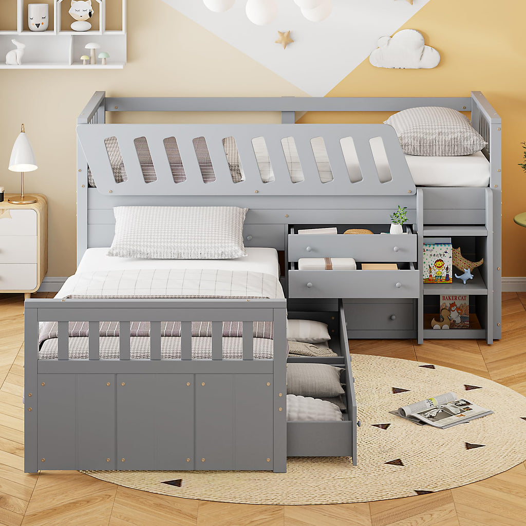 Merax L-Shaped Space-Saving Twin Loft and Twin Platform Bed with 7 Storage Drawers and Full Guardrails, Solid Wooden Bedframe for Boys Girls Adult, No Spring Box Needed, Grey